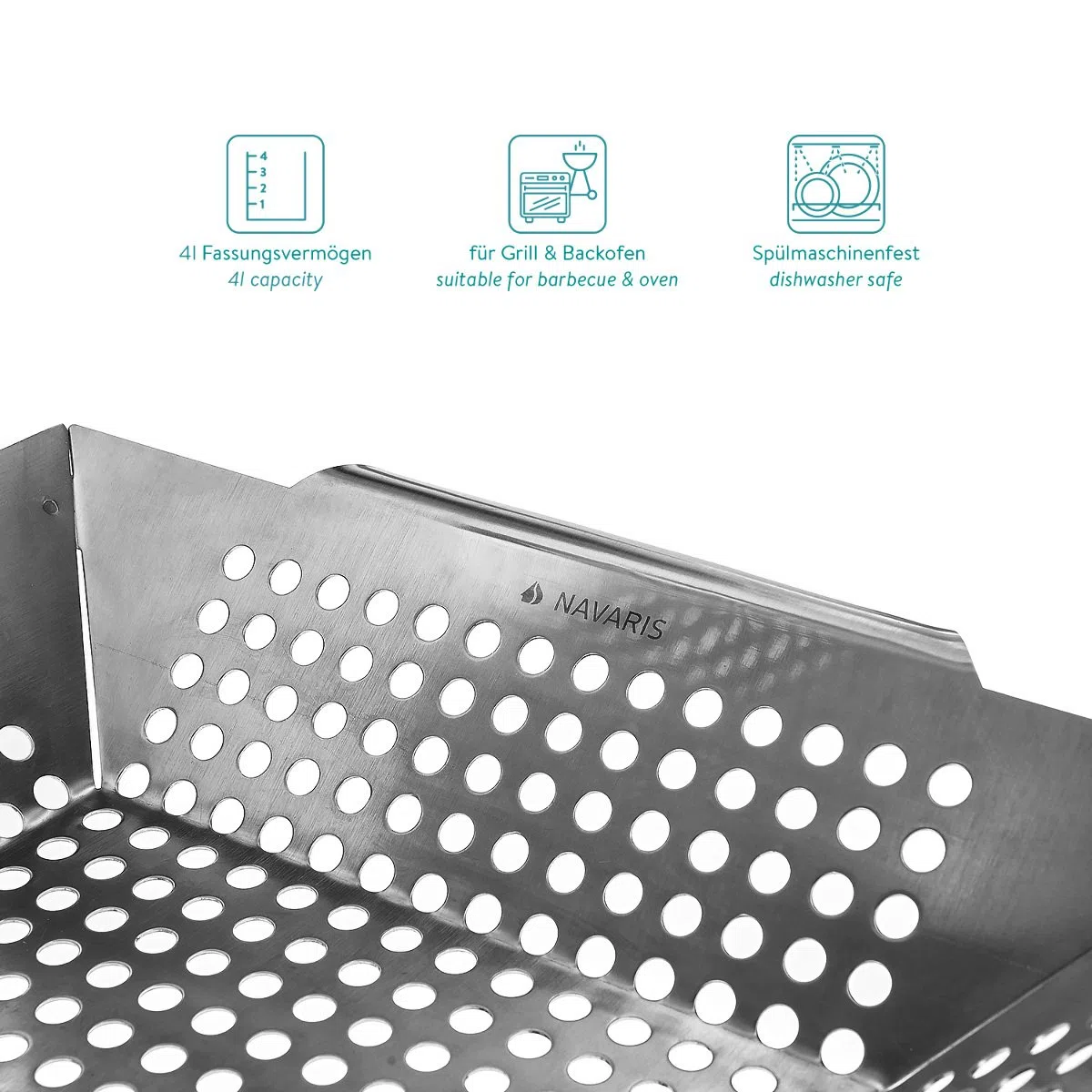 Navaris Bandeja Barbacoa Acero Inoxidable - Bandeja Parrilla Barbacoa y Horno de 35x30x6cm - Fuente Grande de Barbacoa - BBQ Grill Basket