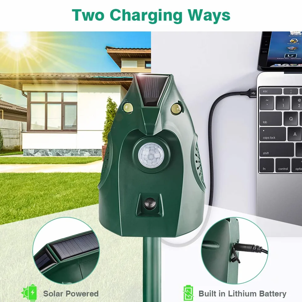 Repelente Ultrasónico para Gatos Exteriores, Repelente Palomas Ultrasónico Solar, Ahuyentador de Pajaros Animales, Carga USB Repelente Gatos Jardín Auyentar Perros, Palomas, PáJaros