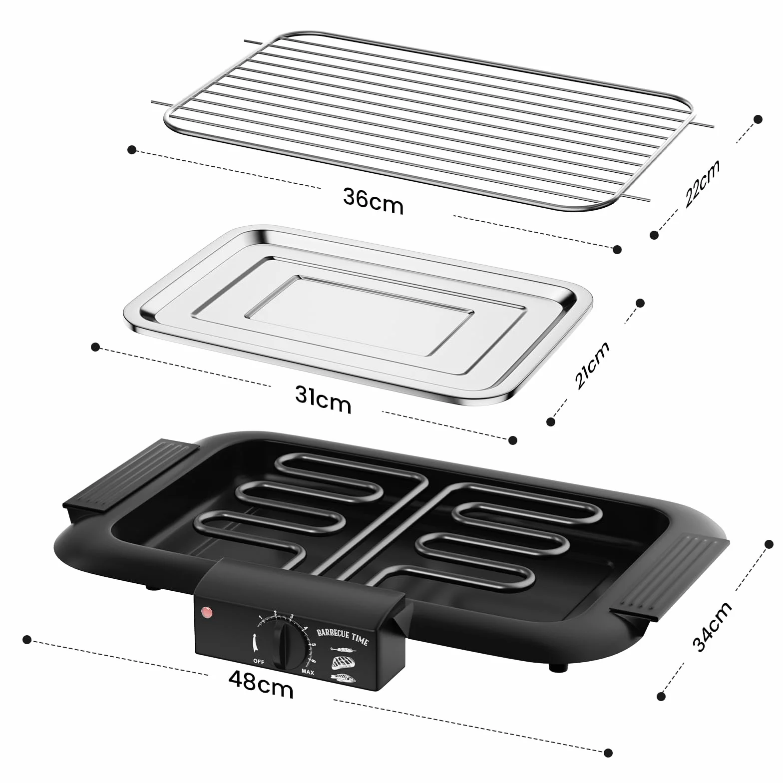 Parrilla eléctrica para barbacoa, antiadherente y sin humo, para interiores y exteriores, 2000 W, doble tubo, alta potencia, portátil, con soporte extraíble para barbacoas (negro)