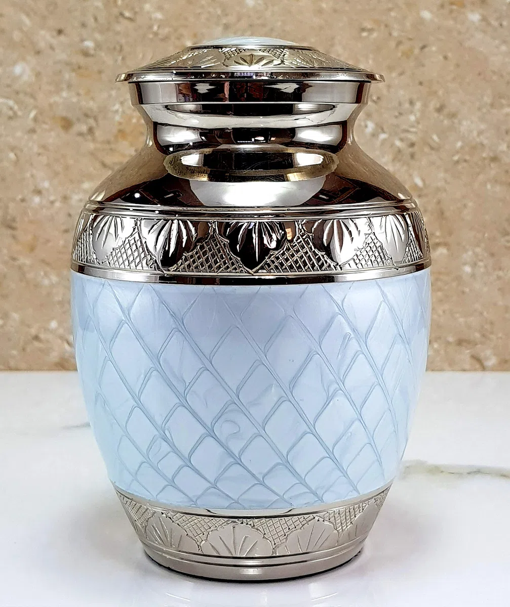 eSplanade Tarro Conmemorativo de Urna de Cremación de Metal, Tamaño Mediano para Entierro de Cenizas Funerarias, Grabado, Azul, 6 Pulgadas