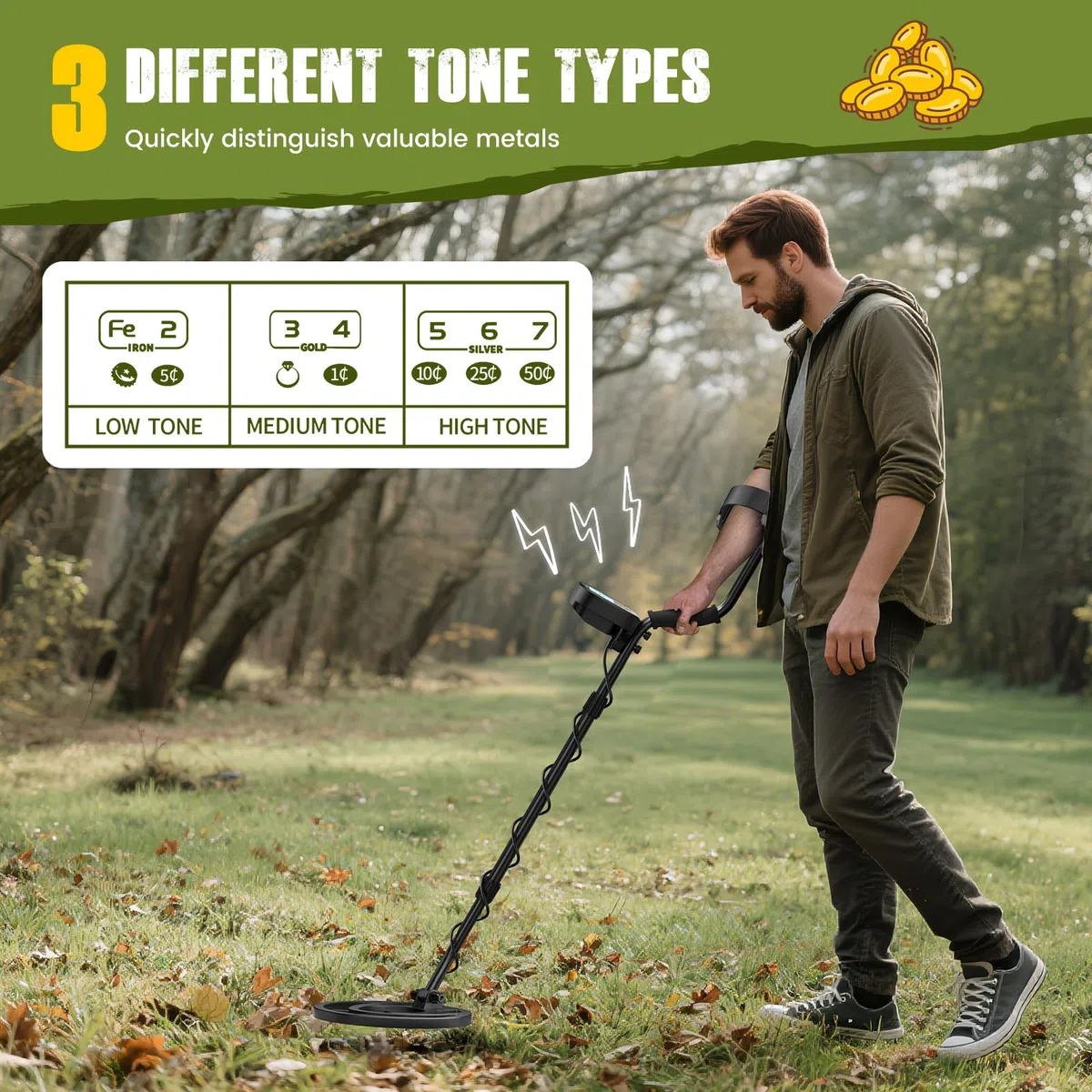 Detector de Metales Profesional para Adultos y Niños, Longitud Ajustable (113-141 cm), Set de Detector de Metales con Bobina de Búsqueda Resistente al Agua IP68 (Verde)