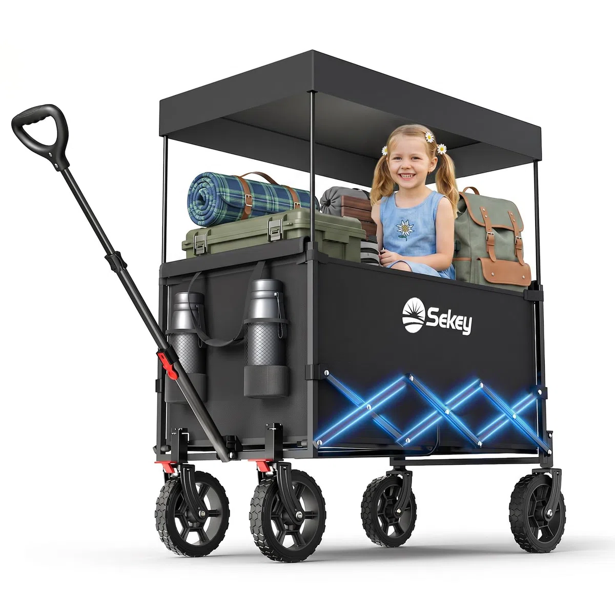 Sekey XXL Carro Playa Plegable con Techo 150L 150KG, Carro Plegable con Ruedas, Carrito Playa con Protección Solar para Playa Camping SE4018, Negro