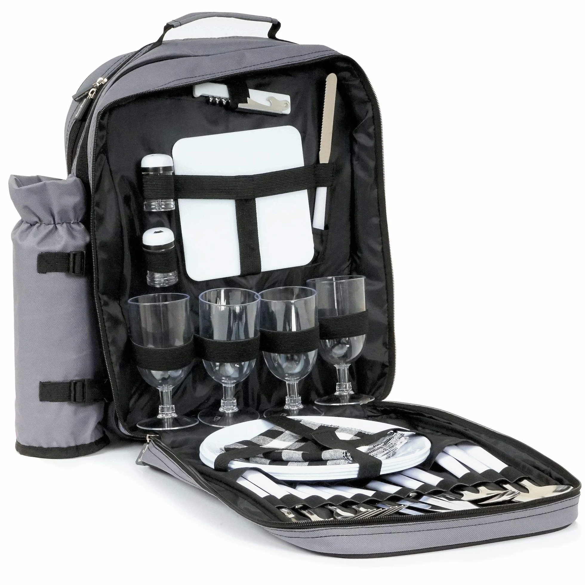 CampFeuer Mochila de Picnic para 4 Personas | Color Gris| Juego de Picnic con 31 Piezas | Incl. Portabotellas, Gran Compartimento de Refrigeración, Vajilla y Cubiertos | Mochila Nevera Isotérmica
