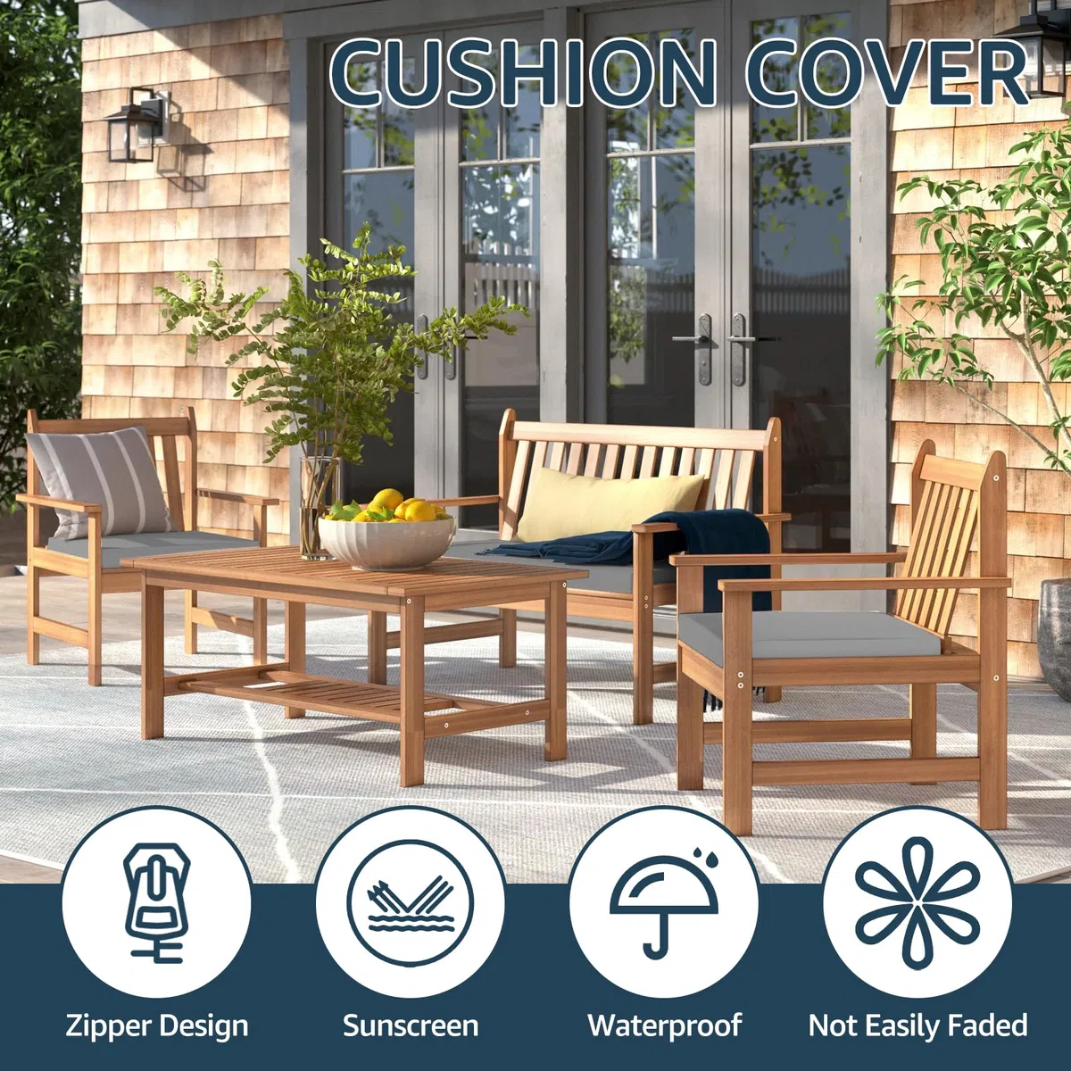 4 fundas de repuesto para cojines de asiento de jardín de 60 x 60 x 10 cm, impermeables, minimalistas, con cierre de cremallera, solo funda (gris)