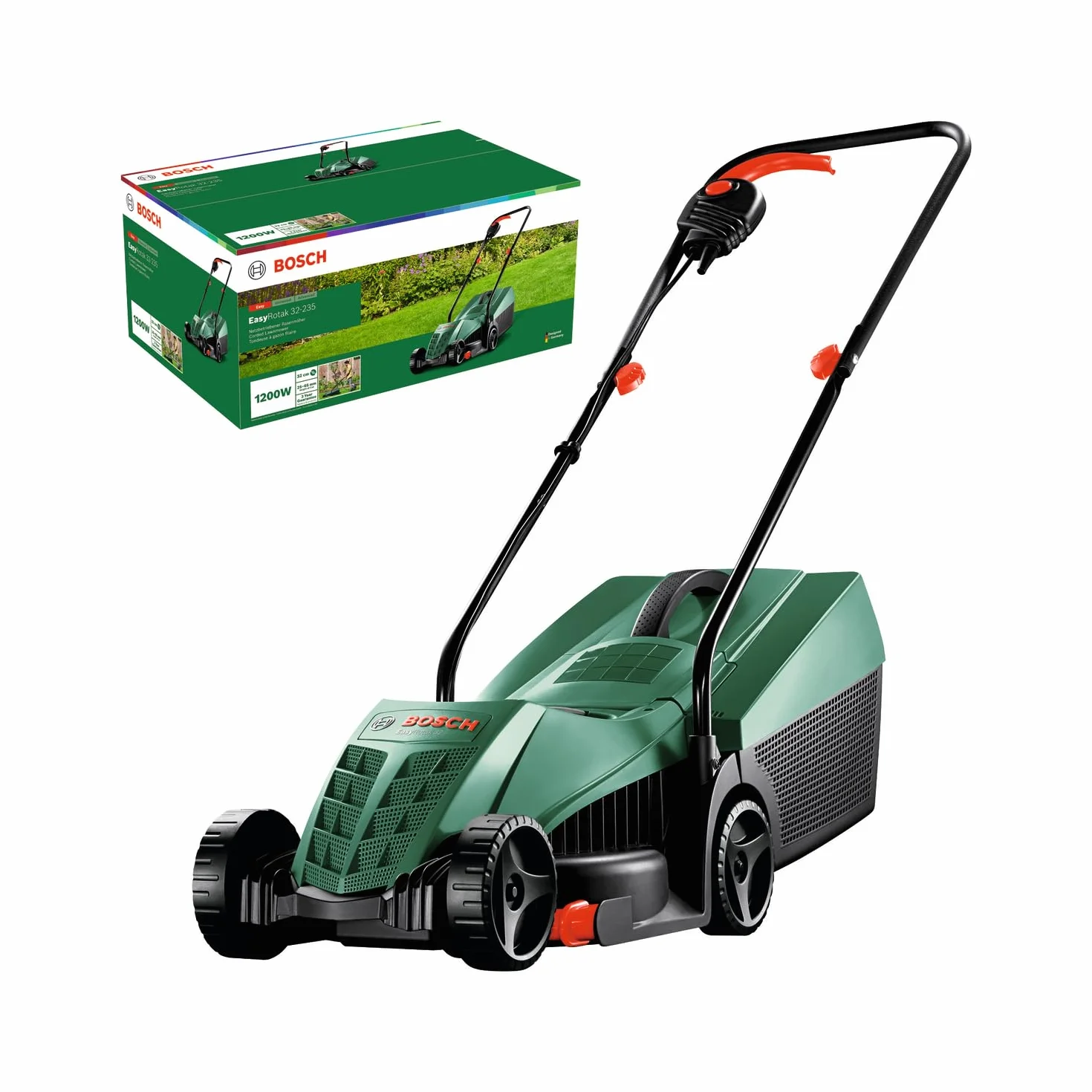 Bosch cortacésped con cable EasyRotak 32-235 (1200 W de potencia del motor, ancho de corte: 32 cm, cesta colectora de 31 litros, adecuado para jardines pequeños)