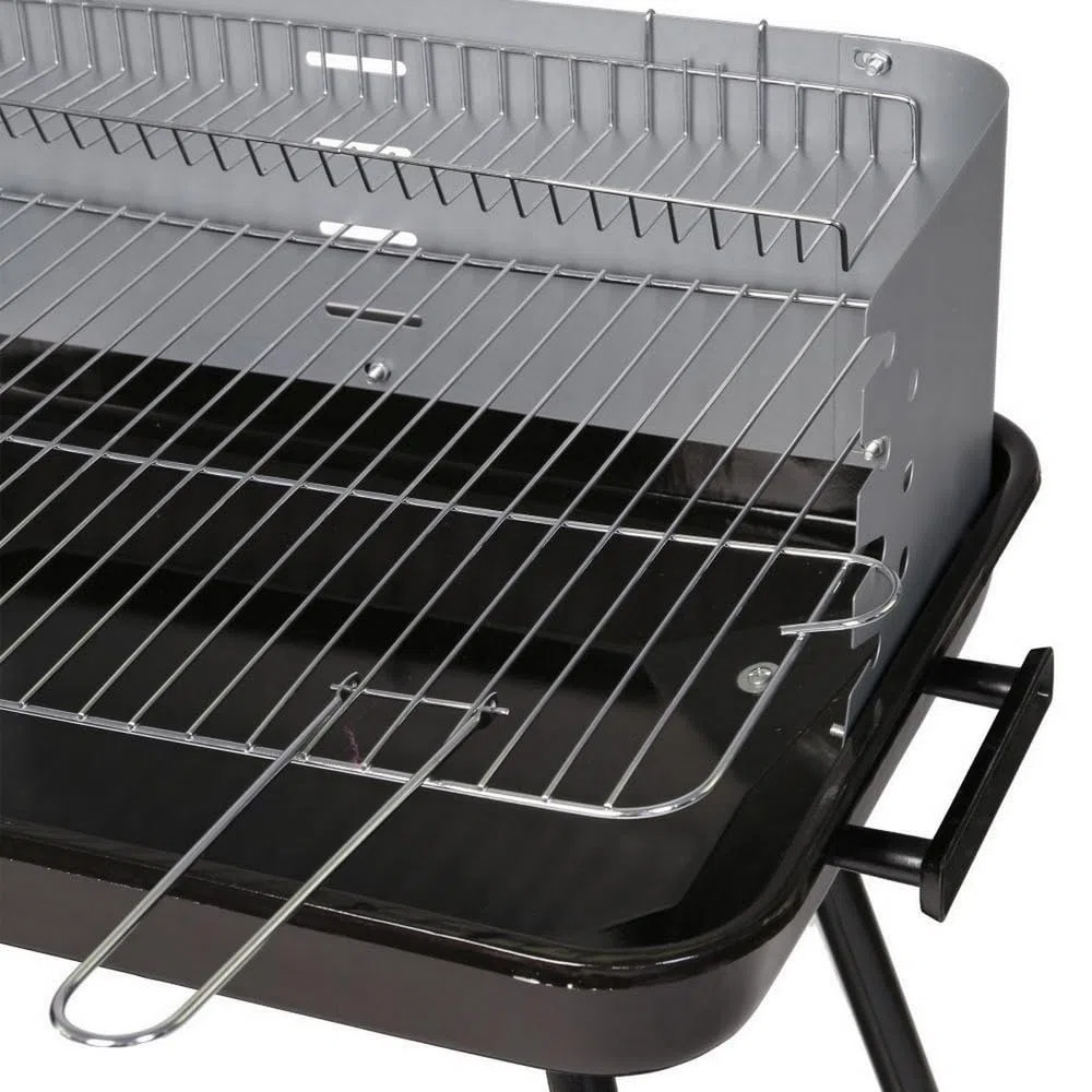 LOLAhome Barbacoa de carbón negra | De 64x38x82cm | Regulable 4 alturas, Doble parrilla Cocinar y Calentar, fácil montaje, fácil guardado | Para 10 comensales | Barbacoa jardín