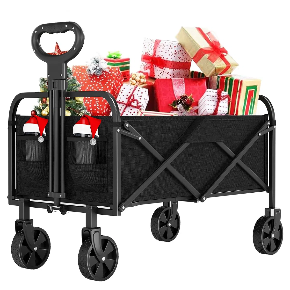 Carro Plegable con Ruedas Grandes Todoterreno - Carro Playa con Carga Máxima de 172 kg - Ideal para Playa, Jardín y Camping - Asa Ajustable - Transporte de Herramientas o Juguetes - Negro