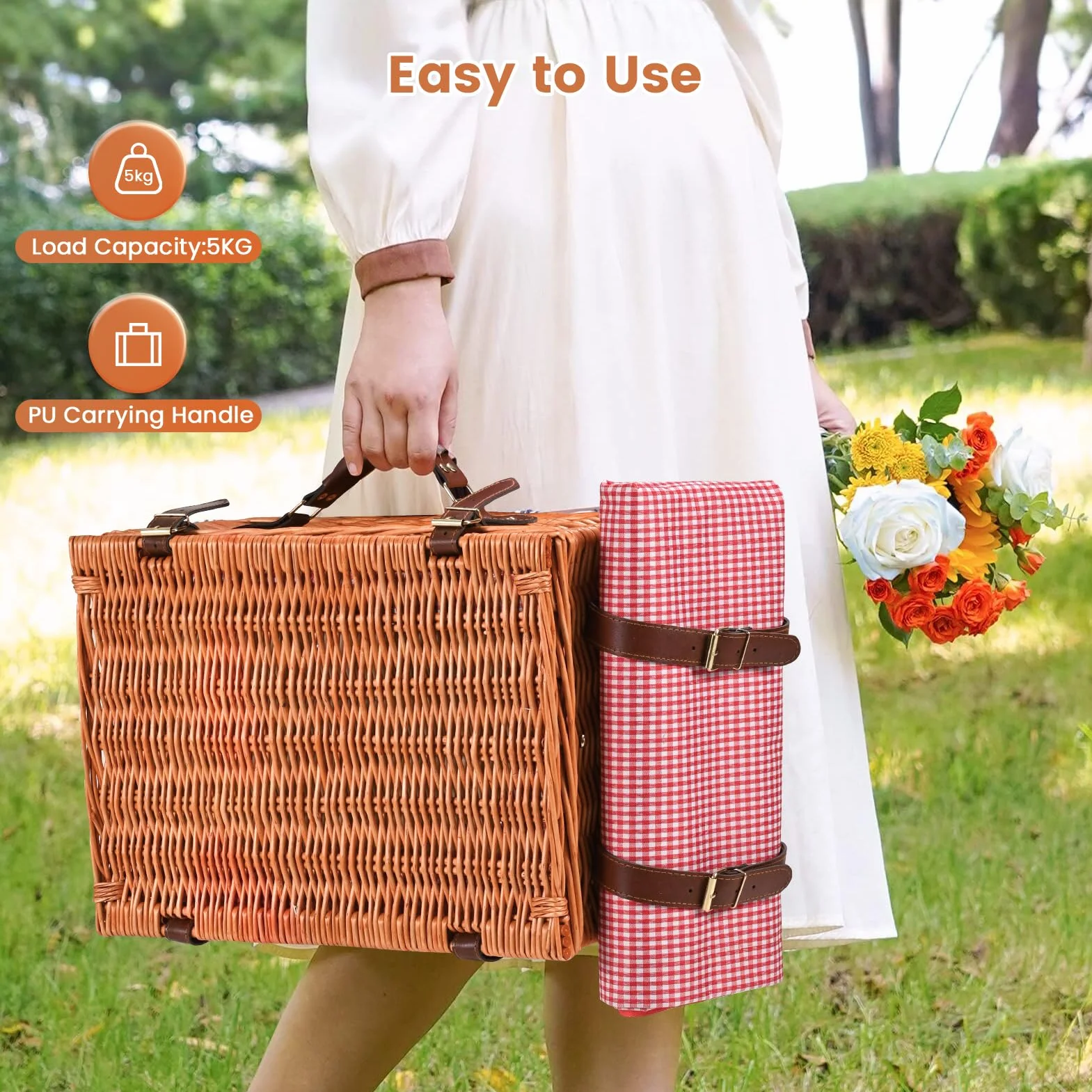 Cesta Picnic 4 Personas, Set de Picnic de Mimbre con Bolsa Aislante, Manta de Picnic Impermeable y Juego de Cubiertos, Cesta de Picnic para Camping, Rosa