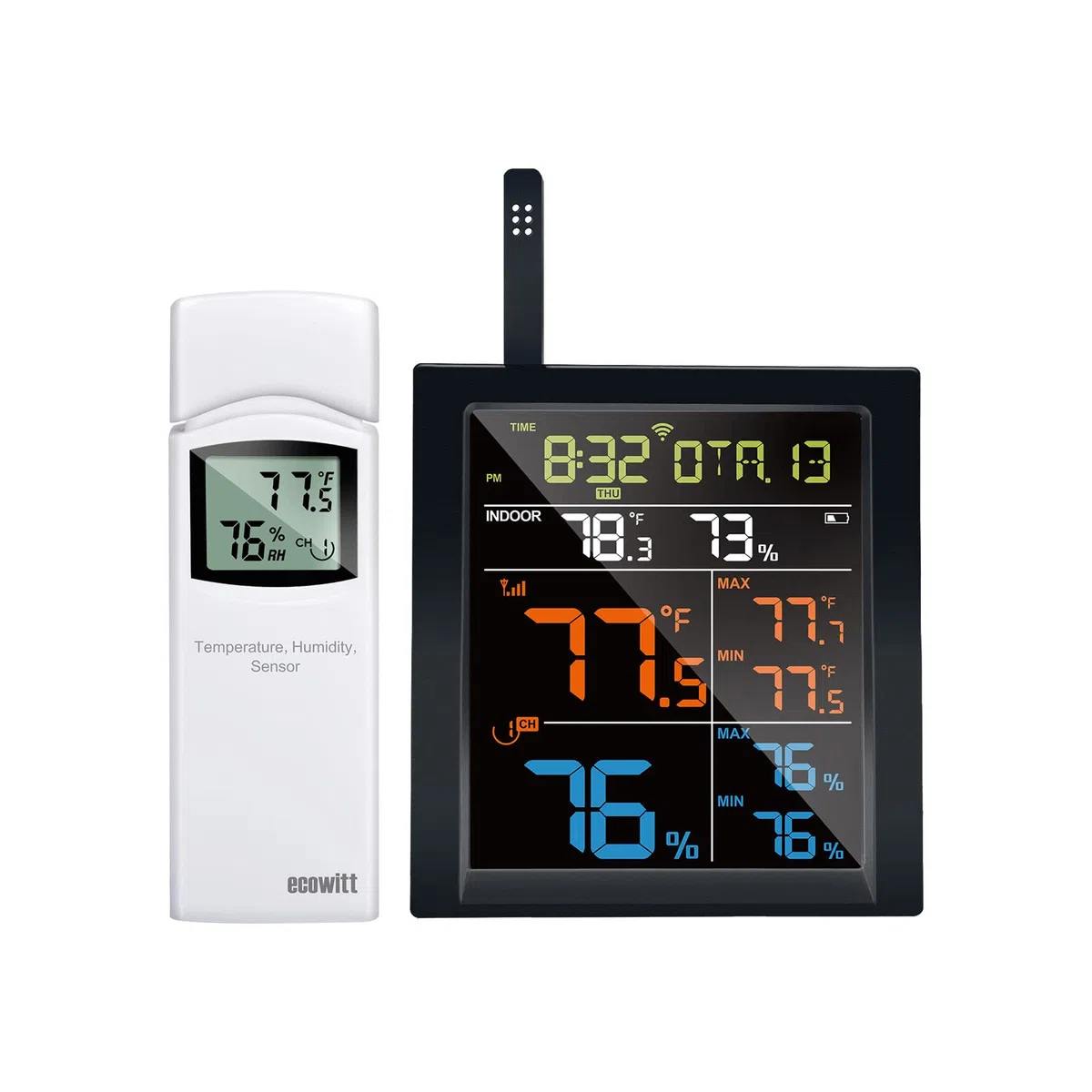 ECOWITT WN1820 consola digital para estación meteorológica inalámbrica con sensor exterior, 8 canales, sensores de temperatura/humedad/barómetro incorporados, pantalla LCD en color de 4,9 pulgadas