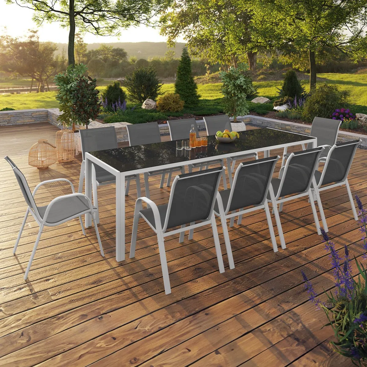 IDMarket - Muebles de Jardín Madrid Mesa 240 CM y 10 Sillas Apilables Blanco y Gris
