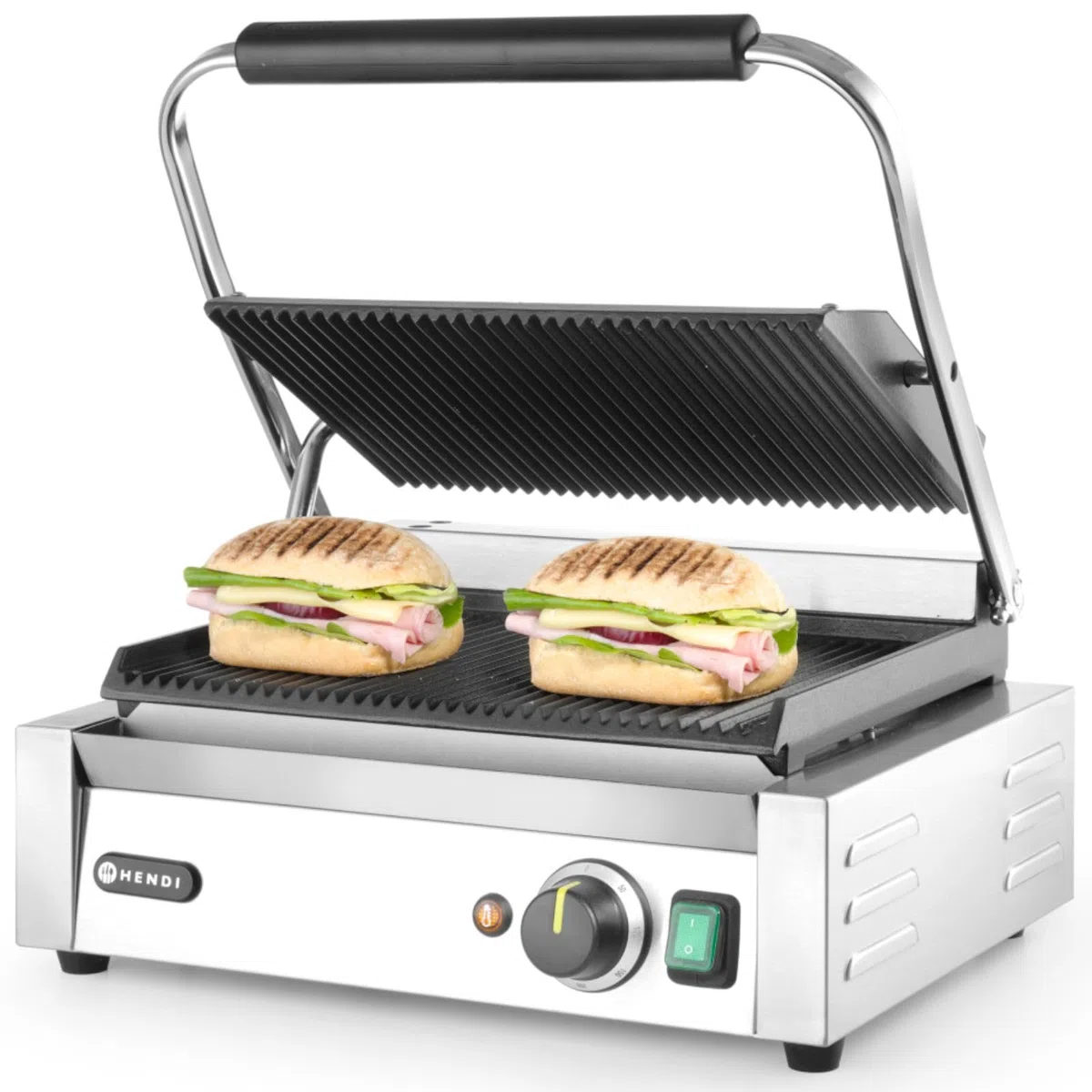HENDI Parrilla Eléctrica de Contacto, Grill/Plancha Panini y Sandwichera Profesional, Placas Acanaladas de Hierro Fundido Esmaltado, 230V, 2200W, 430x375x(H)216mm, Acero Inoxidable