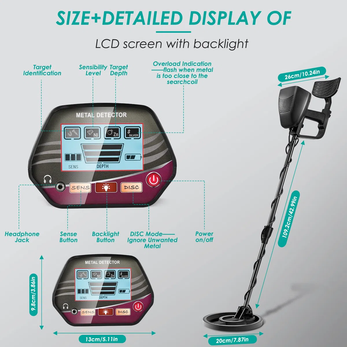 Detector de Metales con 2 Baterías, Ajustable Longitud de 84-110 cm, Detector de Metales Impermeable de Alta precisión con Pantalla LCD para niños y Adultos