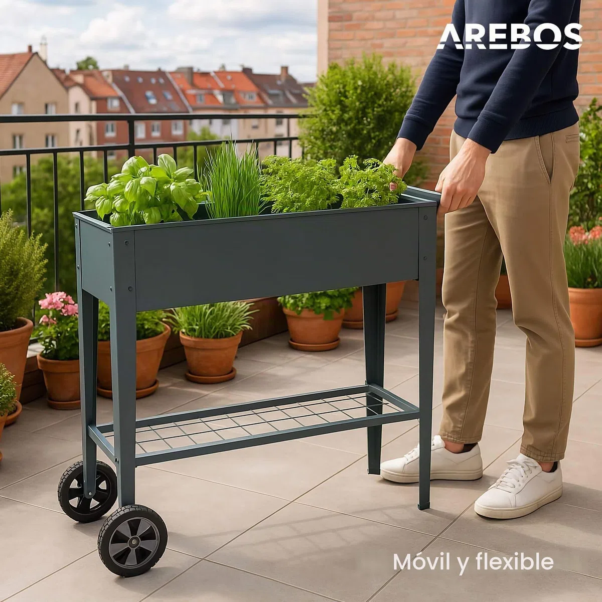 Arebos Banco Elevado con Ruedas y Estante 108 x 51 x 80 cm | Ideal para Cultivo de Verduras, Frutas y Hierbas Aromáticas | Invernadero, Jardinera para Jardín, Terraza o Balcón