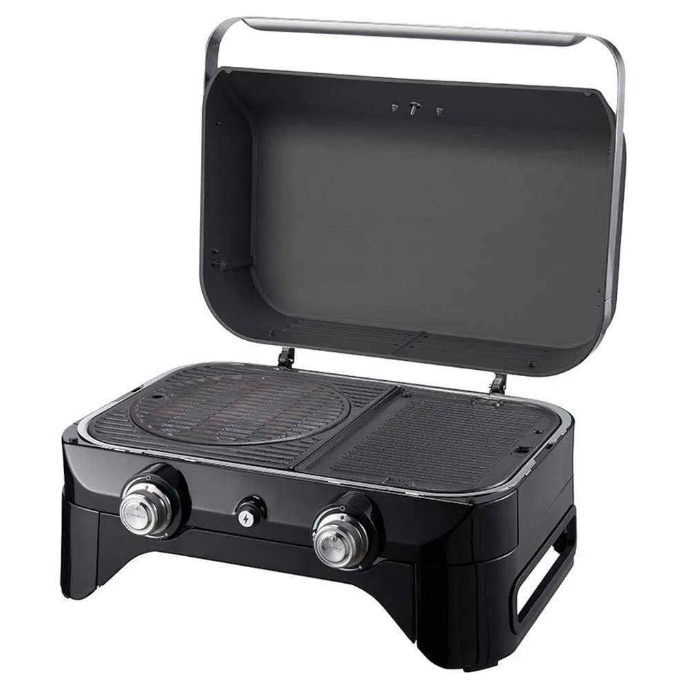 CAMPINGAZ Attitude 2100 LX Barbacoa de gas, barbacoa de mesa portátil con 2 quemadores de acero, 5 kW de potencia, para camping con tapa, termómetro y parrilla de hierro fundido, 2000038741