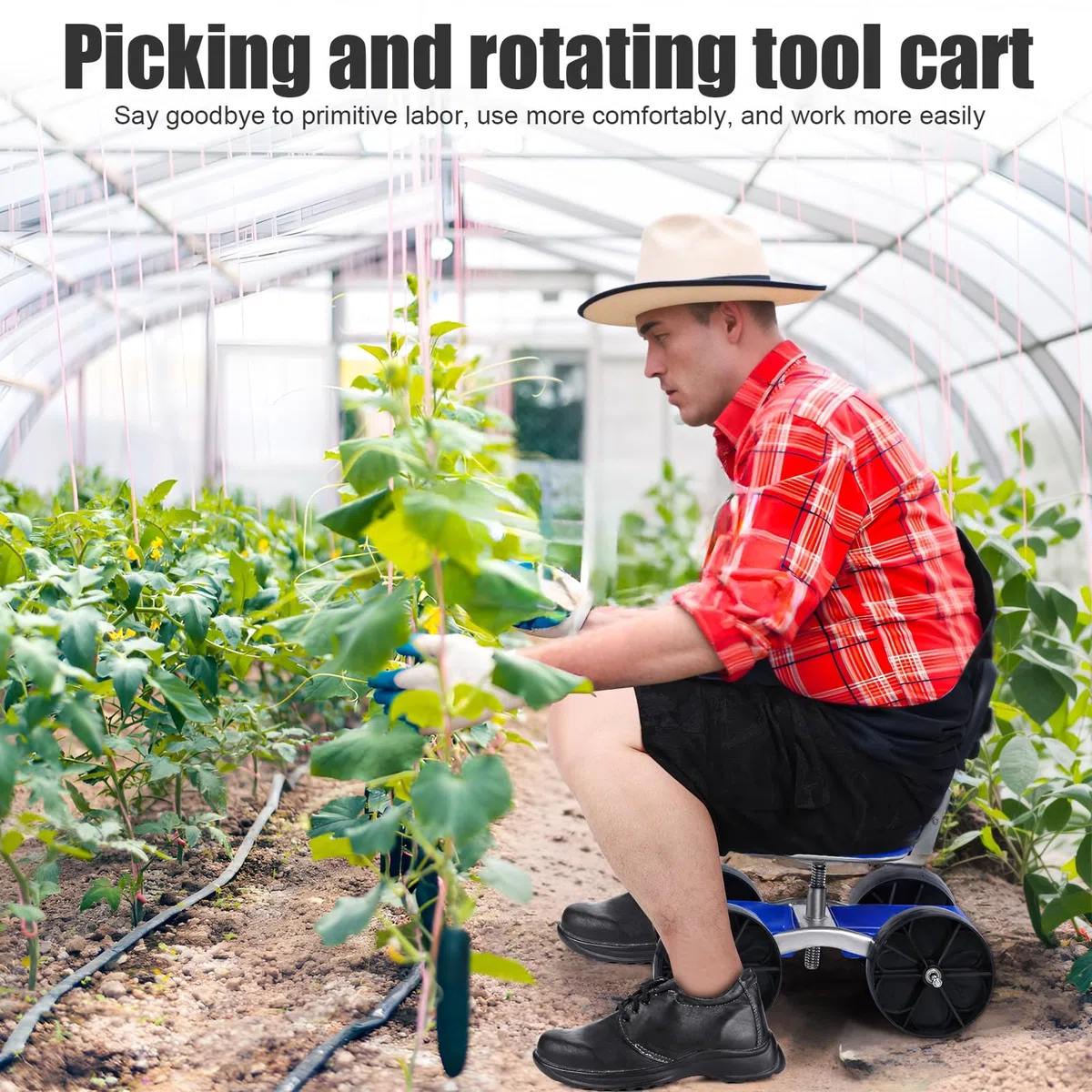 Taburete de jardín con ruedas, silla de jardín giratoria de 360 grados, carrito de jardinería plegable con soporte para herramientas, carrito rodante de altura ajustable para trabajos de