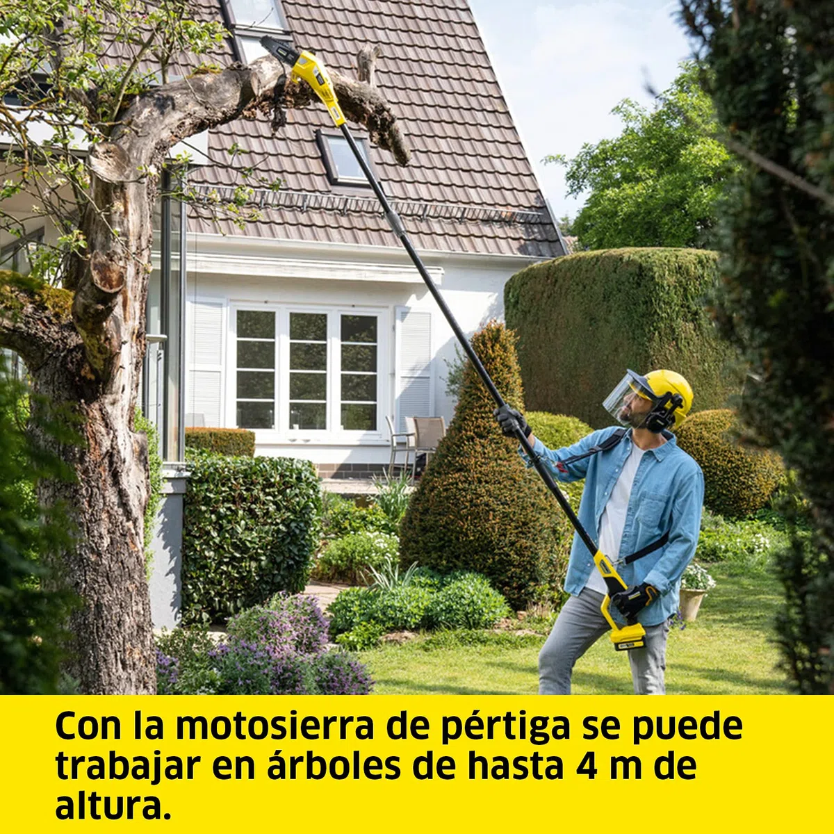 Kärcher 18 V Motosierra pértiga PSW 18-20, longitud de espada: 20 cm, largo: hasta 2,90 m, lubricación de cadena automática, máx. 80-160 cortes, compatible con batería 18 V Kärcher, batería no incl