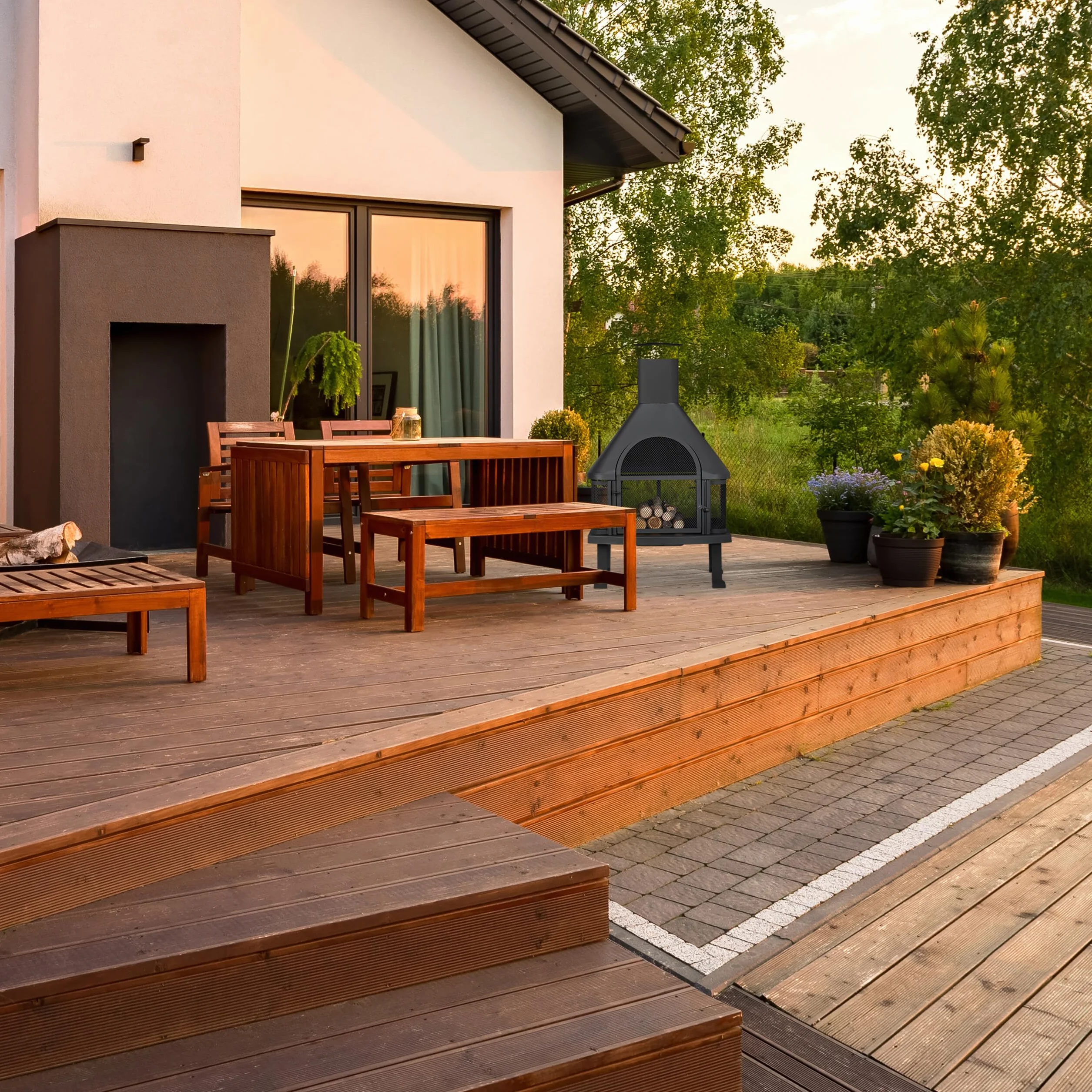 Relaxdays Chimenea exterior con parrilla, Protección contra chispas, Atizador, Acero, 110 x 63 x 51 cm, Negro