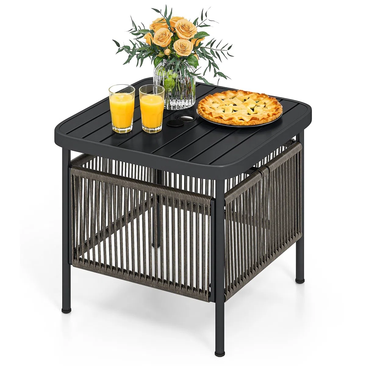 LIFEZEAL Mesa de Jardín, Mesa de Balcón Pequeña, Exterior, con Orificio para Sombrilla, 56 x 56 x 49 cm, de Ratán PE, Metal, con Tablero de Barras, Patas Ajustables, máx. 50 kg, Moderna, Ahorra