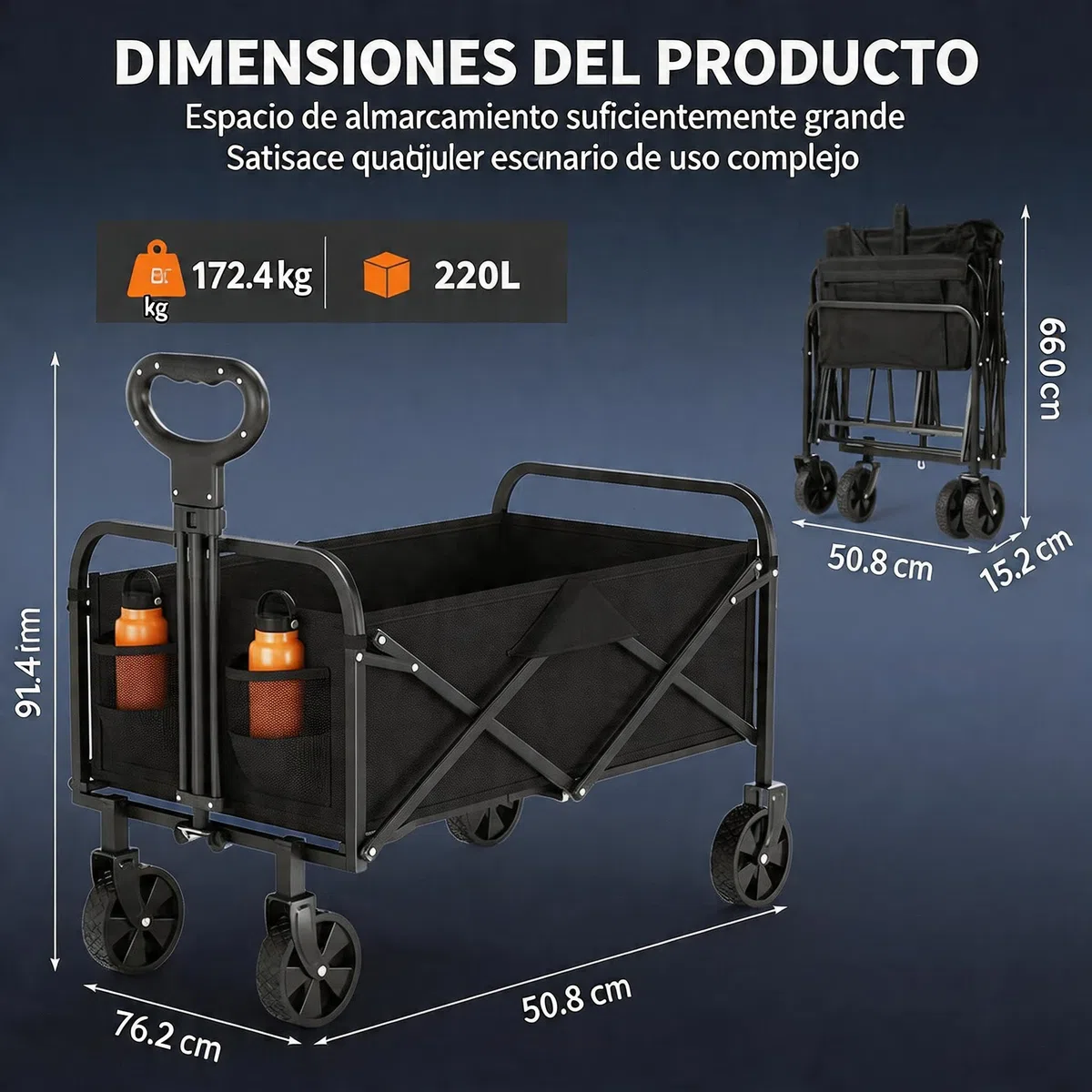 Carro Plegable con Ruedas Grandes Todoterreno - Carro Playa con Carga Máxima de 172 kg - Ideal para Playa, Jardín y Camping - Asa Ajustable - Transporte de Herramientas o Juguetes - Negro