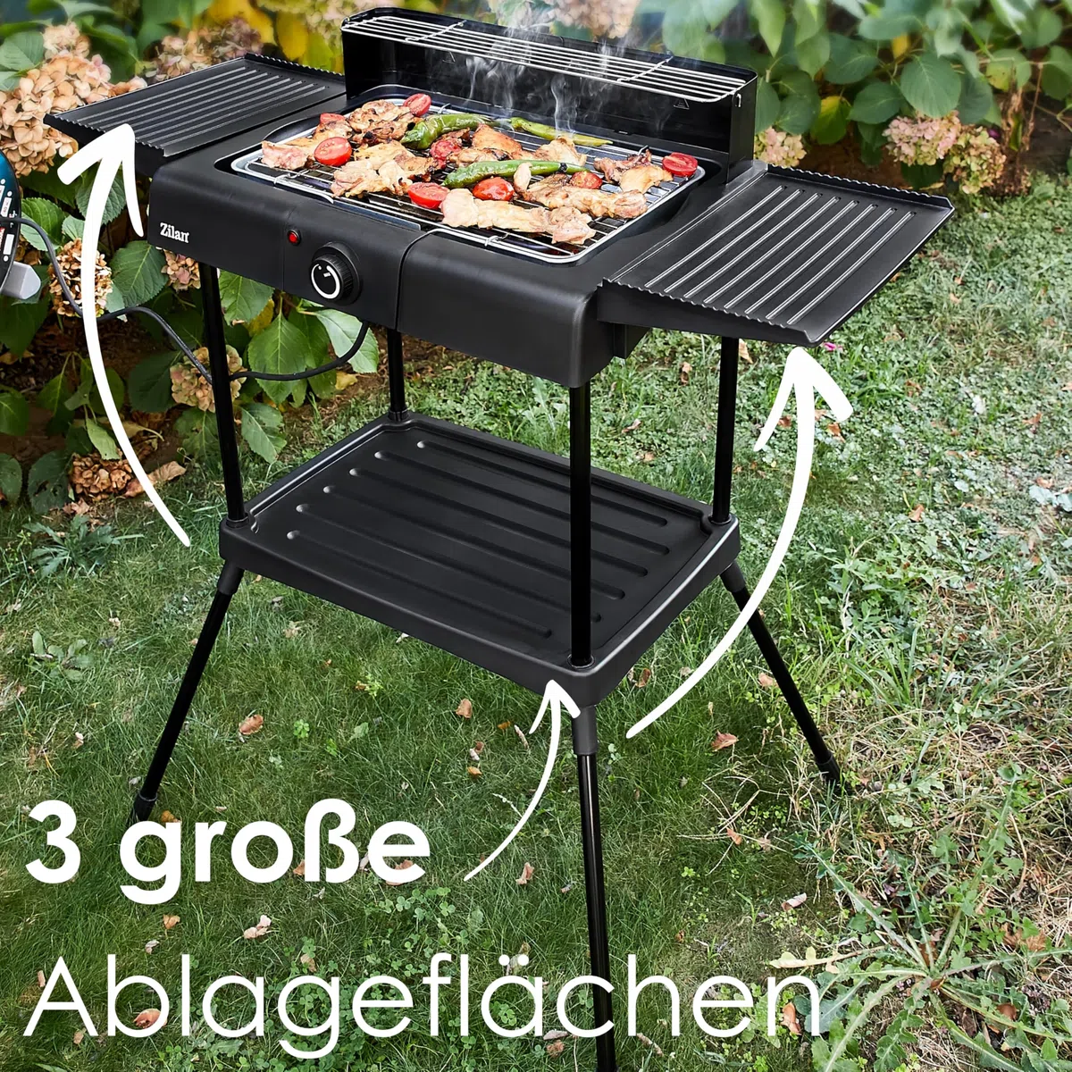 Parrilla eléctrica 2 en 1 de pie y mesa eléctrica 2400 vatios - Parrilla eléctrica para balcón, exterior e interior con soporte, gran superficie de parrilla, regulador de temperatura continuo