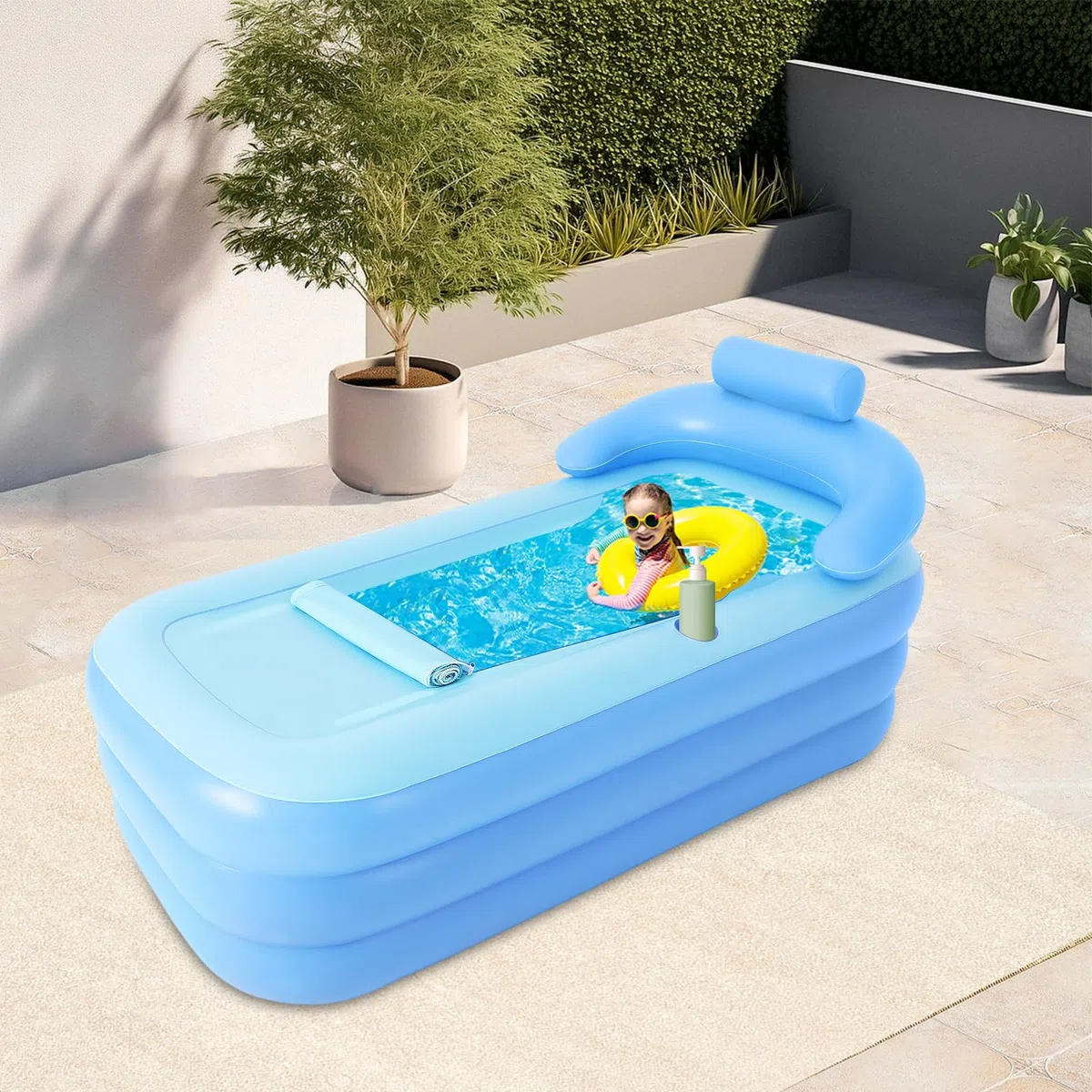 Bañera móvil para adultos, PVC plegable, bañera inflable, 160 x 84 x 64 cm, fondo de burbujas grueso, bañera de spa con tapa de cremallera para el hogar, camping y viajes, azul