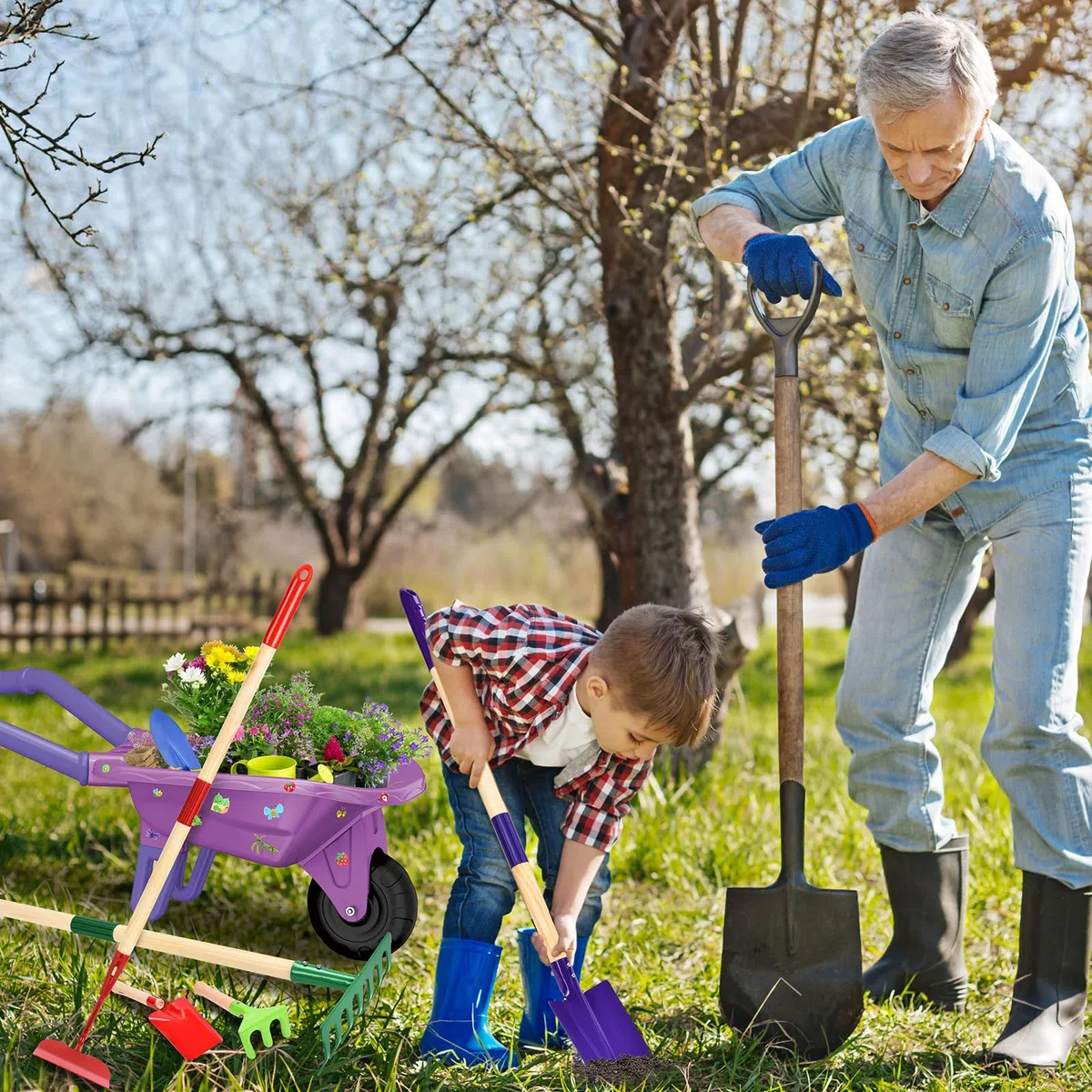 JONRRYIN Set de Jardinería con Carretilla, Herramientas y Guantes para Niños - Incluye Pala, Rastrillo y Accesorios, Carretilla de Jardín, Juego de Exterior para Pequeños Jardinería (Morado)
