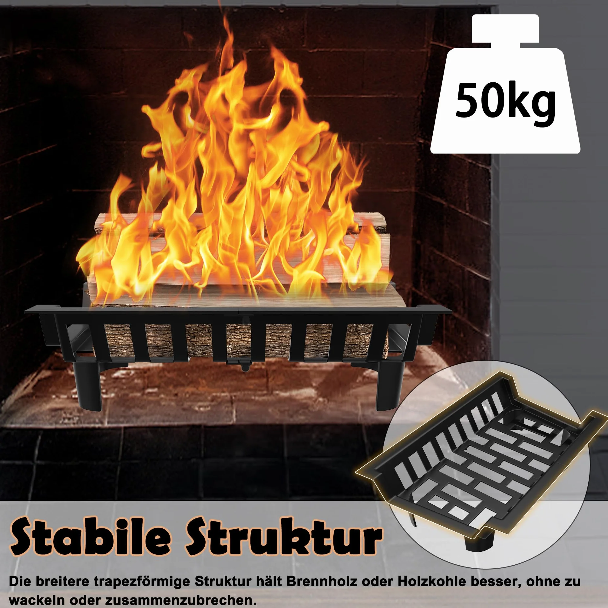 LZQ Rejilla para leña de hierro, rejilla para chimenea de carga pesada, rejilla para leña, 46 x 31 x 13 cm, soporte para leña, rejilla para fuego, soporte para madera, rejilla para horno, soporte de