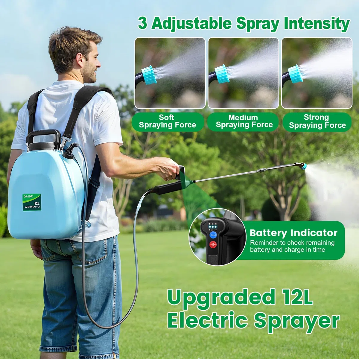 SYLSTAR Pulverizador Electrico 12L, 3 Velocidades Sulfatadora Bateria Recargable con 5 Boquillas Niebla, 7.4V Pulverizador Bateria, Mochila Pulverizadora para Jardín Huerto Riego