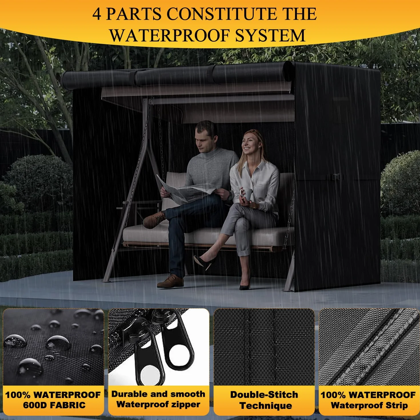 Fundas para columpio de jardín de 3 plazas, impermeables, de tela Oxford 600D, para exteriores, resistente al viento, anti-UV, para patio, jardín, hamaca con cremalleras impermeables