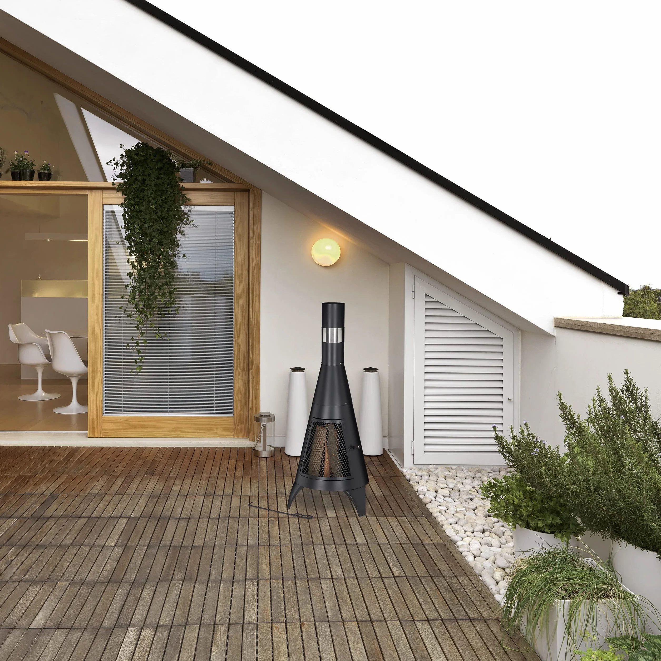 Relaxdays Chimenea Exterior con Atizador, Estufa para Terraza de Acero, Salvachispas, para Jardín, 120x48x50 cm, Negro