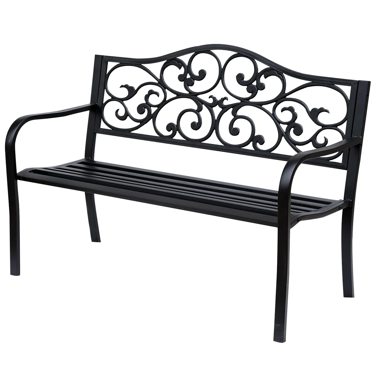Outsunny Banco de Jardín de Acero Banco Exterior con Respaldo y Reposabrazos Carga 240 kg para Patio Terraza Balcón 127x60x89 cm Negro