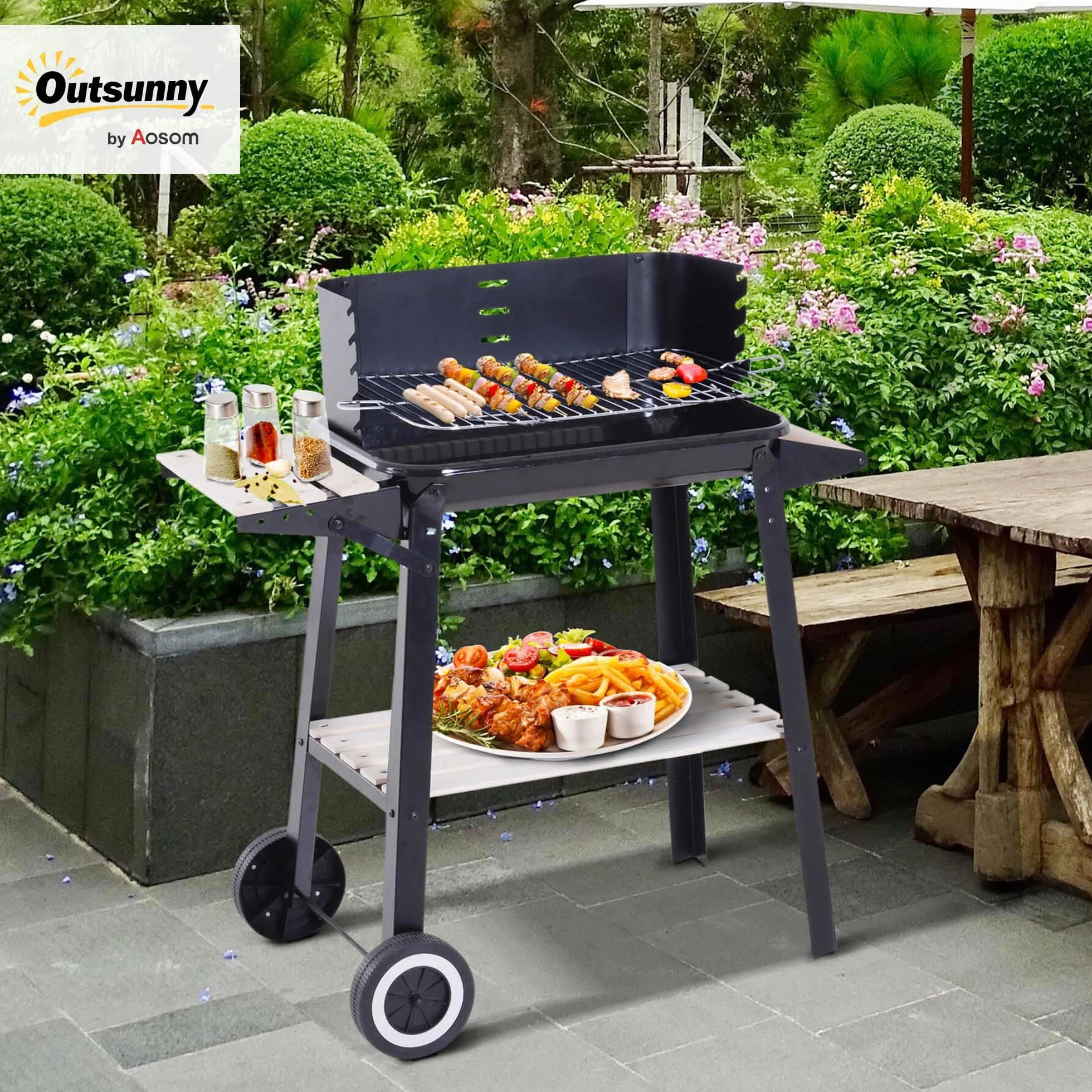 Outsunny Barbacoa de Carbón Vegetal Parrillas Asador BBQ de Picnic Altura de Parrillas Ajustables con Estantes y Ruedas Fácil Mover para Jardín Exterior Acampada 83x46x87 cm