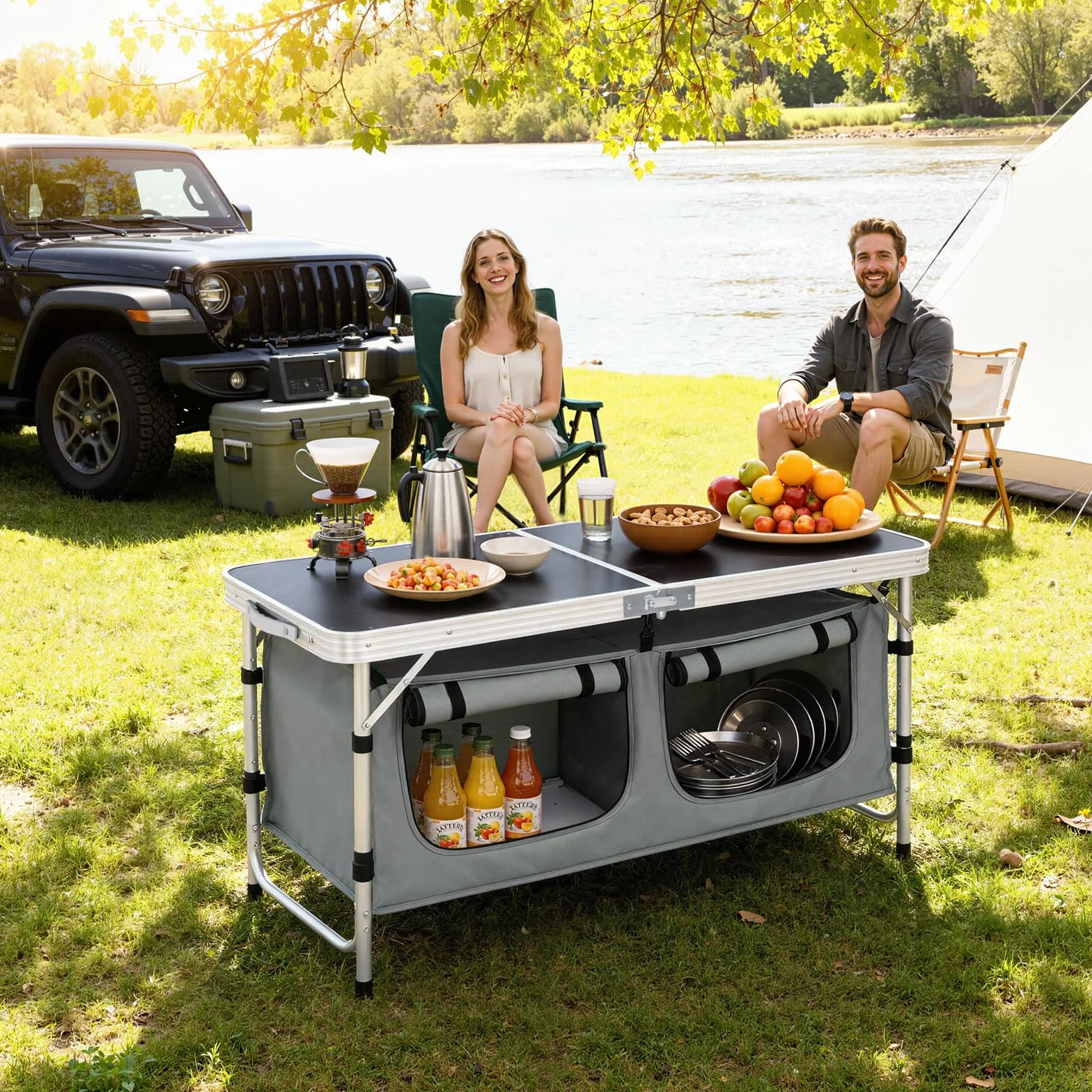 WOLTU Mesa de Camping Cocina de Acampada Málaga Mesita Plegable de Aluminio, Mesas de Picnic Altura Ajustable 120x47x62/69.5 cm, Negro+Gris