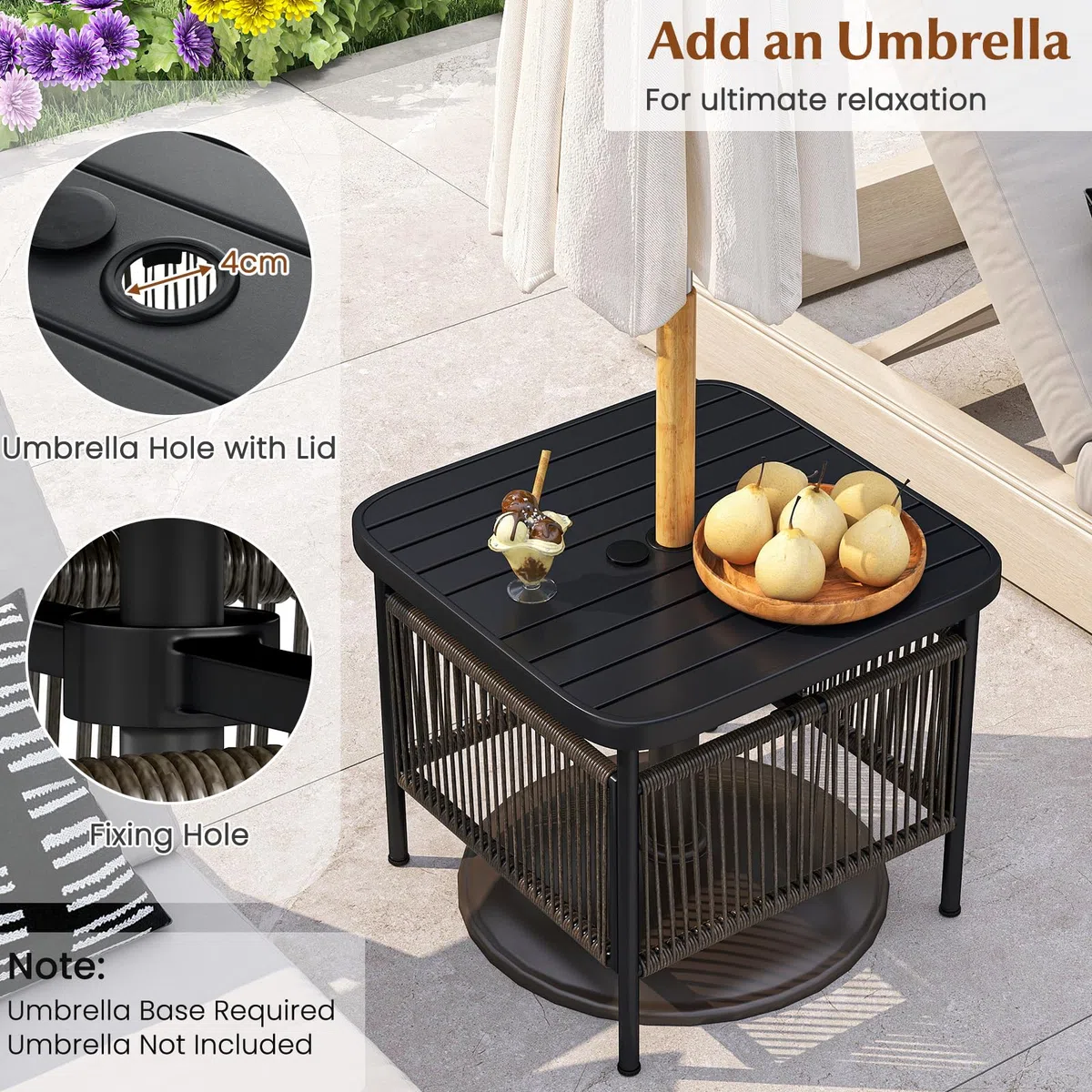 LIFEZEAL Mesa de Jardín, Mesa de Balcón Pequeña, Exterior, con Orificio para Sombrilla, 56 x 56 x 49 cm, de Ratán PE, Metal, con Tablero de Barras, Patas Ajustables, máx. 50 kg, Moderna, Ahorra