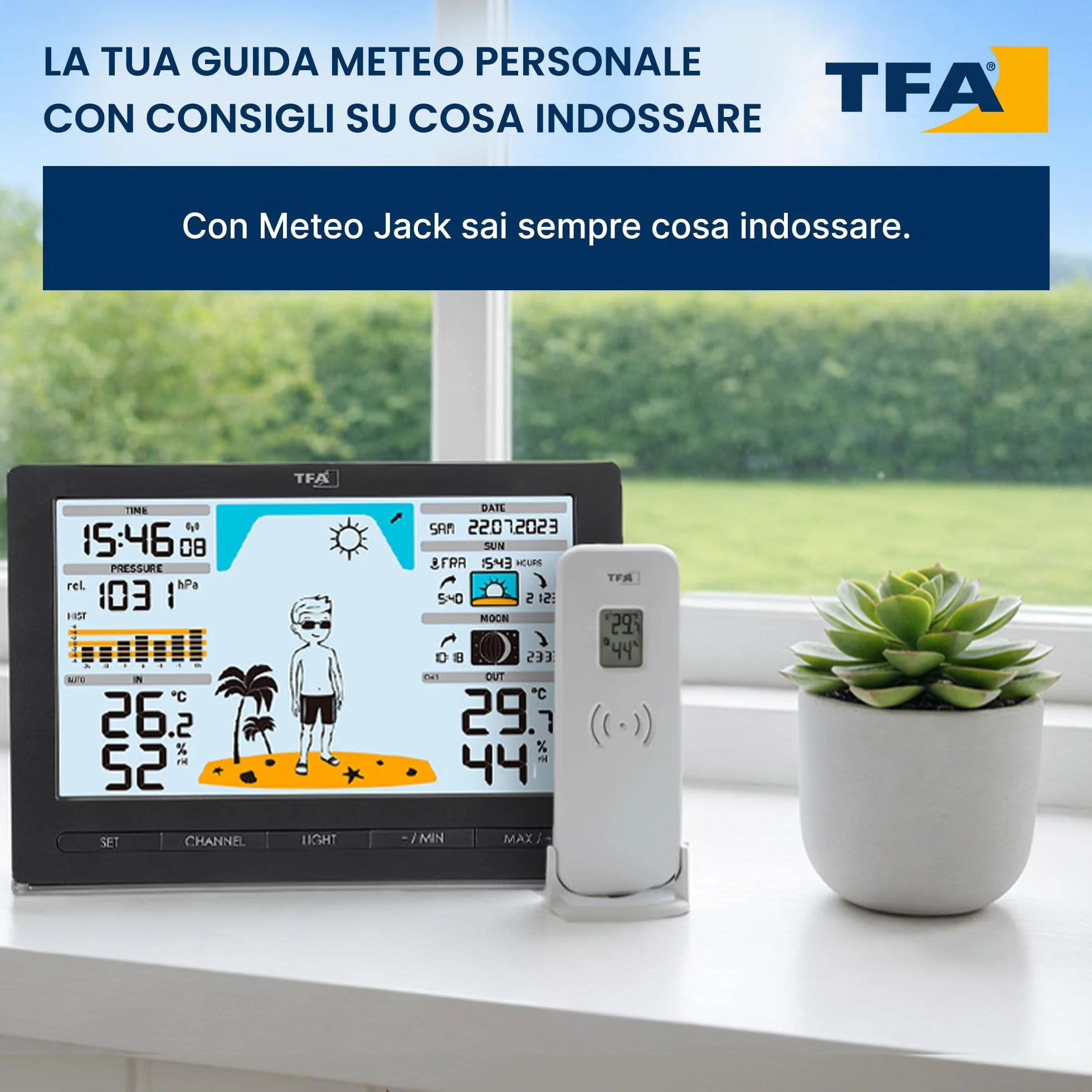 TFA Dostmann Estación meteorológica inalámbrica METEO JACK, 35.1097.01, incl. transmisor, con pronóstico meteorológico, presión atmosférica, fase lunar, salida y puesta del sol, reloj y día de la