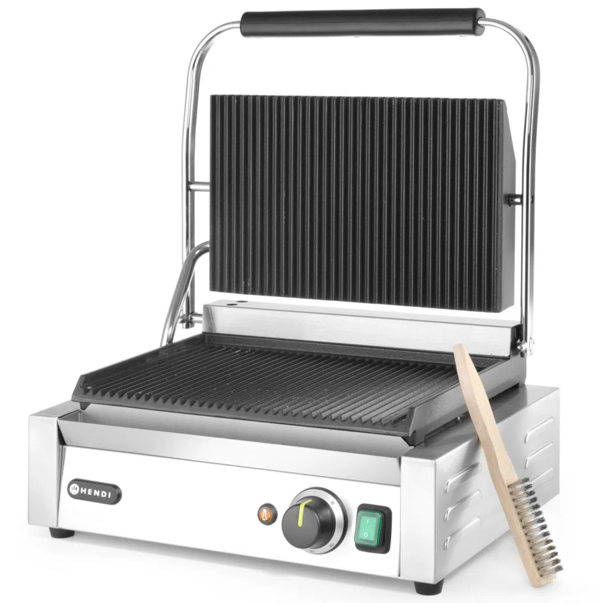 HENDI Parrilla Eléctrica de Contacto, Grill/Plancha Panini y Sandwichera Profesional, Placas Acanaladas de Hierro Fundido Esmaltado, 230V, 2200W, 430x375x(H)216mm, Acero Inoxidable