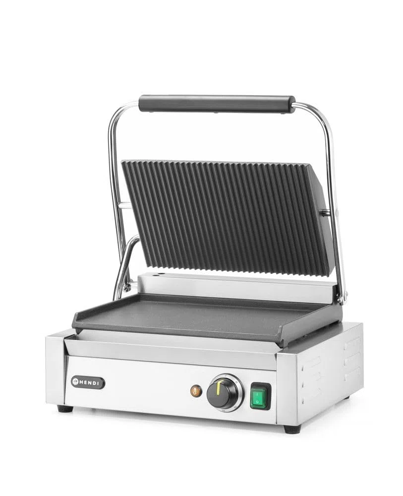 HENDI Parrilla Eléctrica de Contacto, Grill/Plancha Panini y Sandwichera Profesional, Placas Acanaladas y Lisas de Hierro Fundido Esmaltado, 230V, 2200W, 430x375x(H)216mm, Acero Inoxidable