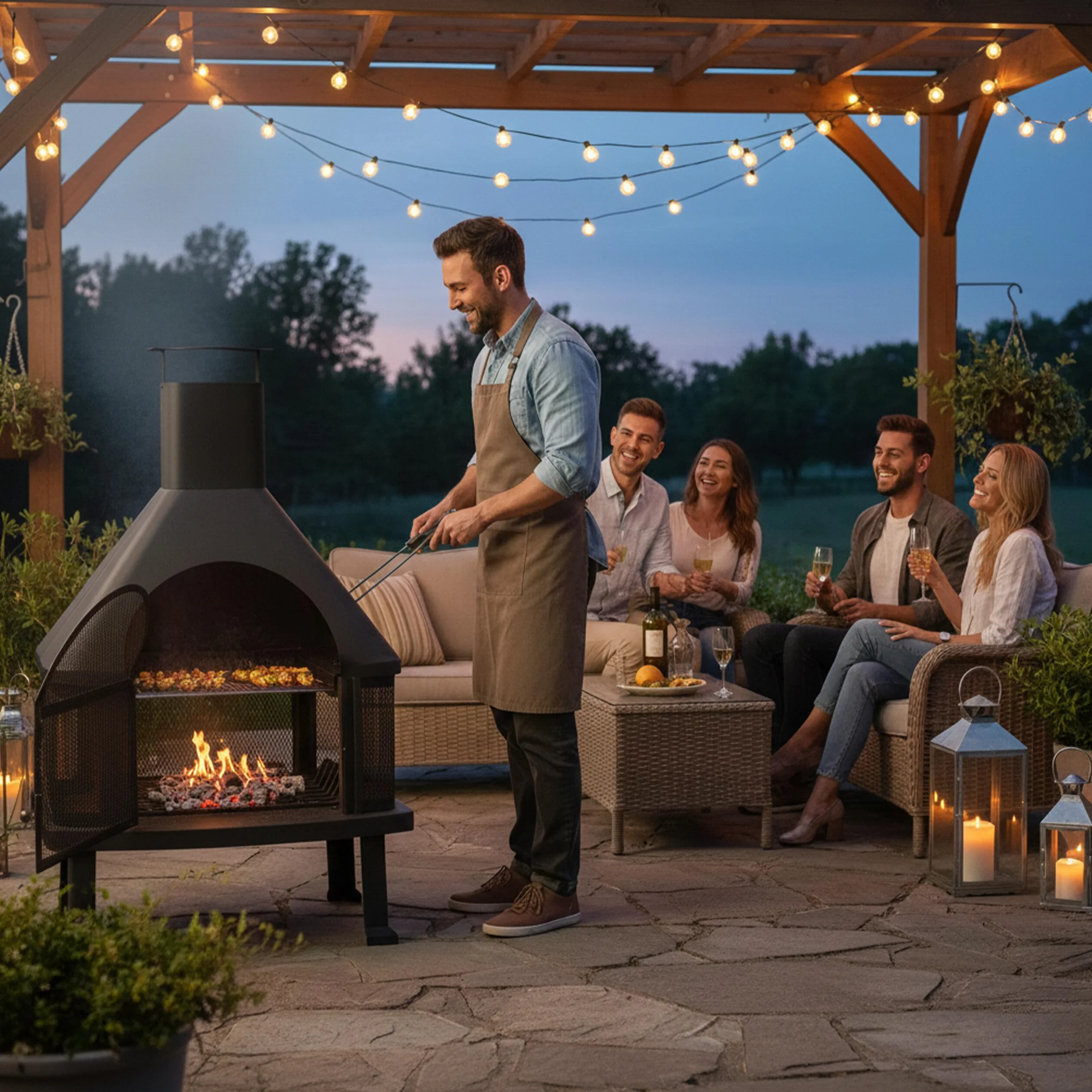 Relaxdays Chimenea exterior con parrilla, Protección contra chispas, Atizador, Acero, 110 x 63 x 51 cm, Negro