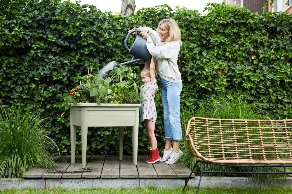 Elho Green Basics Grow Table XXL 75 - Jardinera por Exterior cultívalo tú Mismo - Ø 75.5 x H 65.1 cm - Stone Green