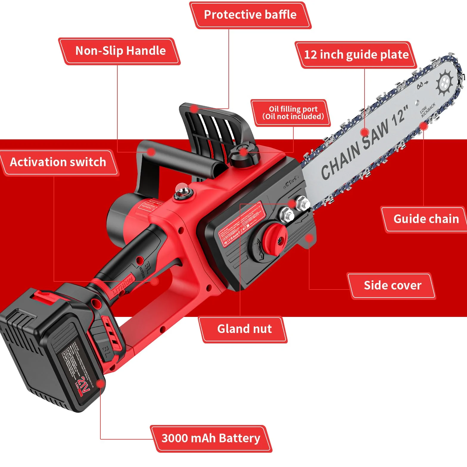Brushless Mini Motosierra Bateria 12 Pulgadas, 1300W Motosierra Eléctrica con Lubricación Automática,2 * 3000mAh Batería Motosierras Inalámbrica para Podar Árboles de Jardinería. (S)