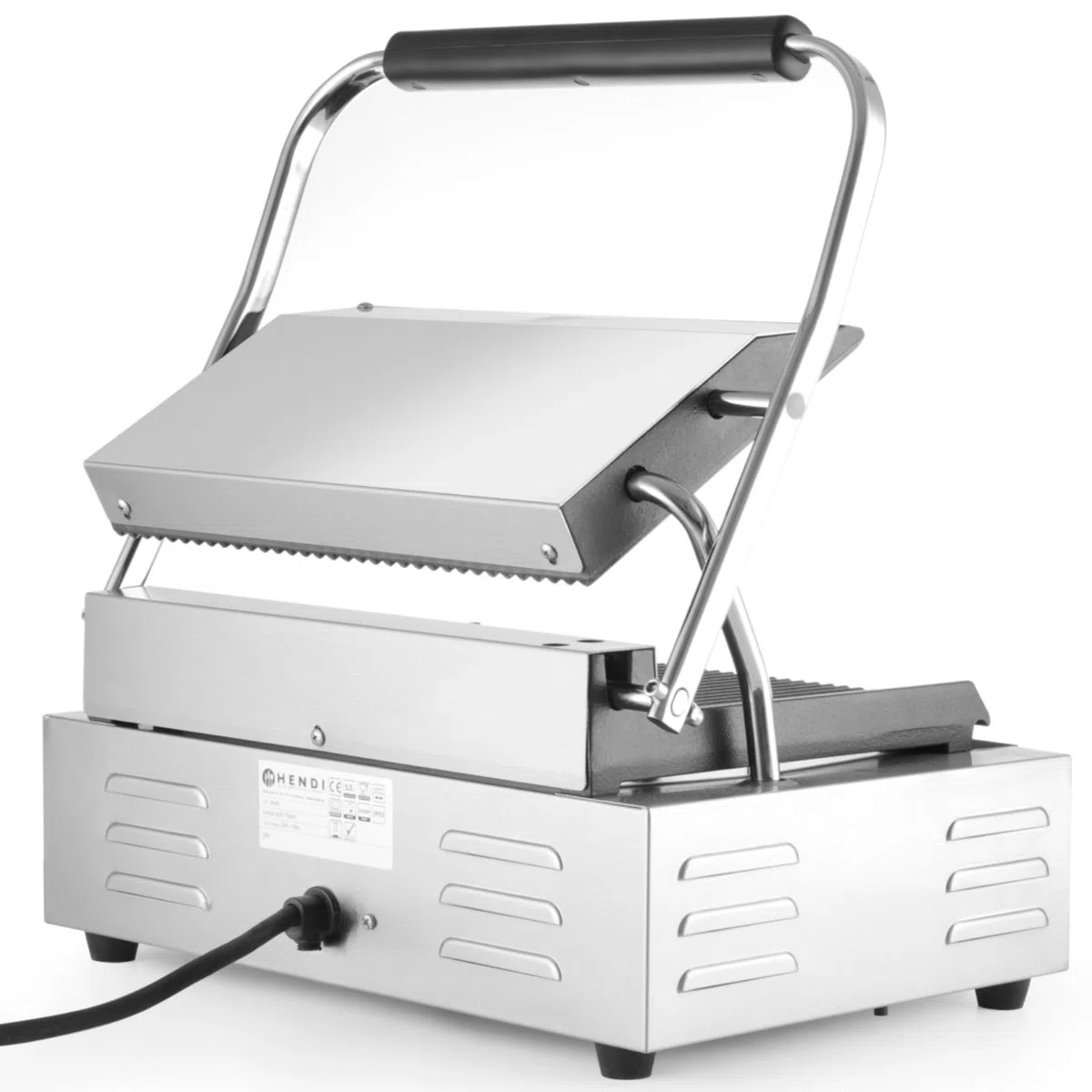 HENDI Parrilla Eléctrica de Contacto, Grill/Plancha Panini y Sandwichera Profesional, Placas Acanaladas de Hierro Fundido Esmaltado, 230V, 2200W, 430x375x(H)216mm, Acero Inoxidable
