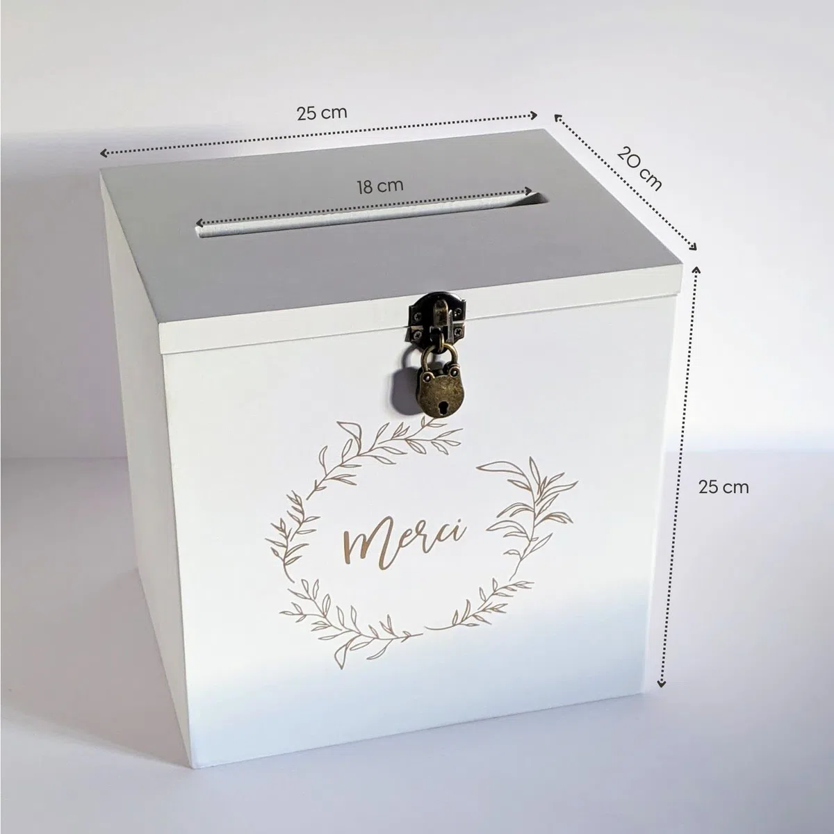 Gran urna de madera blanca gracias con candado | 25 x 25 x 20 cm | Urna boda, PACS, cumpleaños, Baby-Shower, Bapteme, comunión, retiro (...) - Regalos invitados boda