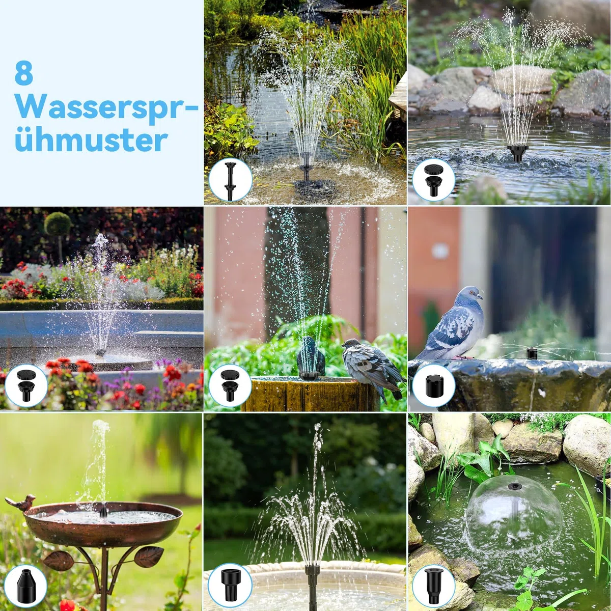 POPOSOAP Filtro solar para estanque con fuente de agua, fuente solar de 8W con sistema de filtración, 8 modos de pulverización y batería de respaldo de 3600mAh, para pequeños estanques exteriores