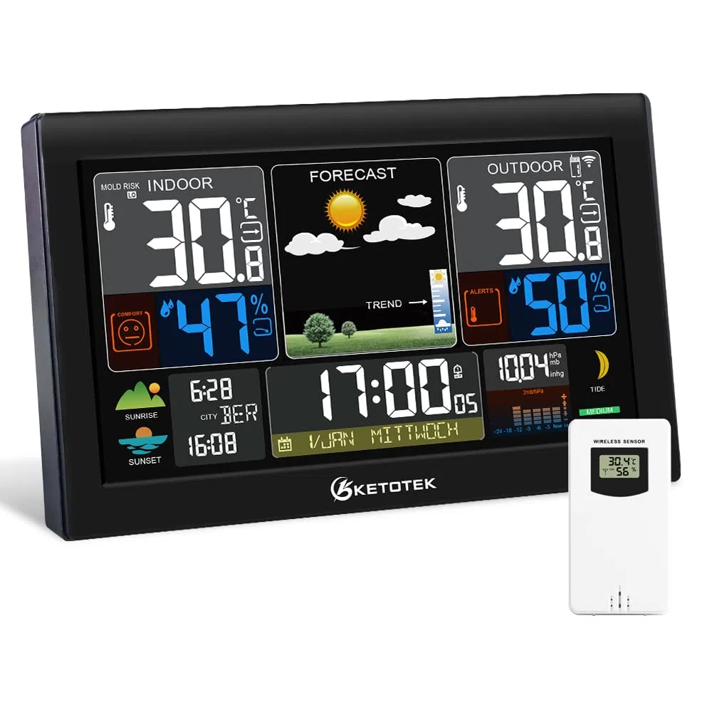 KETOTEK Estación Meteorológica Inalámbrica de Interior y Exterior con Sensor LCD Termómetro Digital Higrómetro,DCF Radio Despertador,Barómetro,Previsión Meteorológica