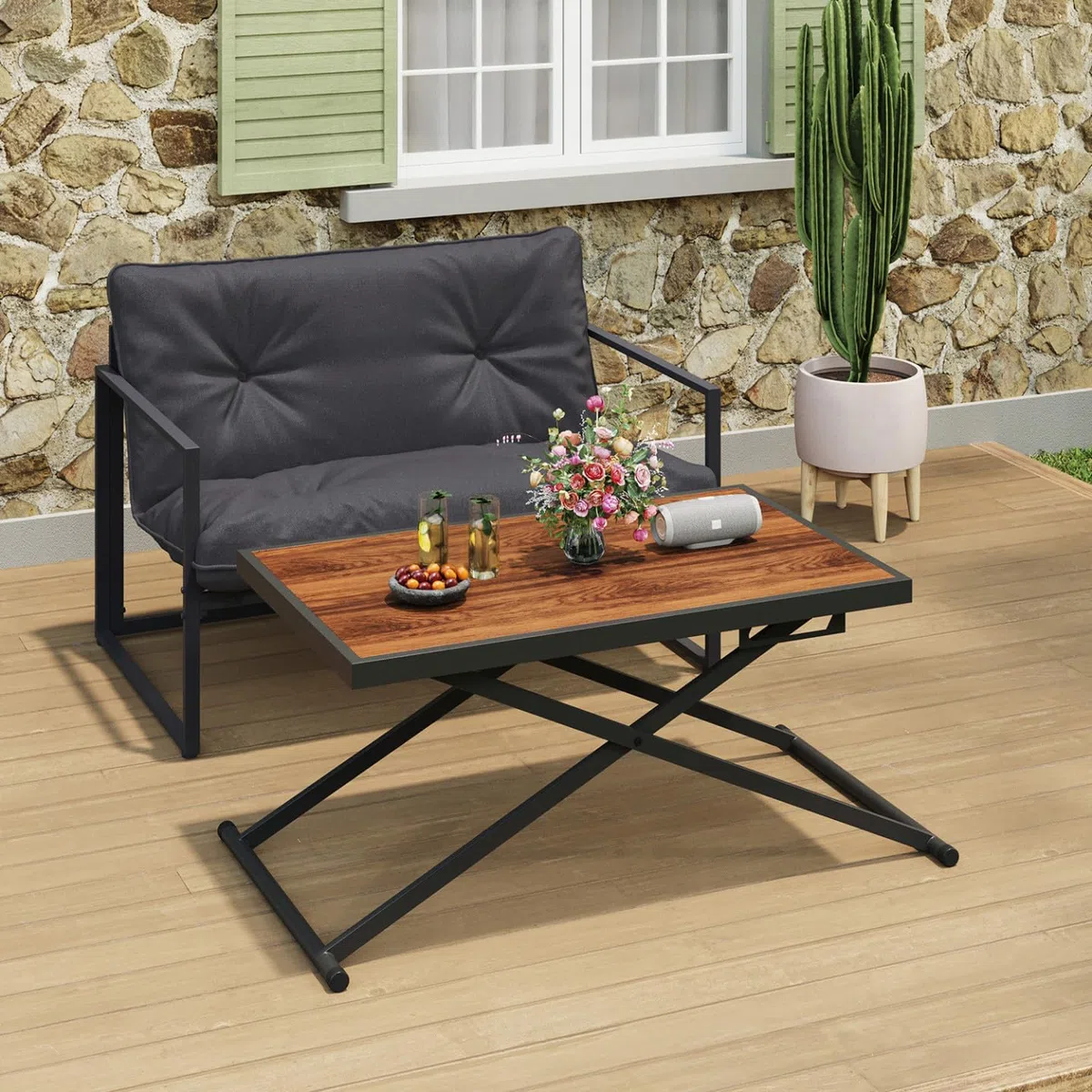 IDMarket – Mesa de jardín con altura ajustable 3 posiciones Olie 100 cm de metal negro y tablero de madera
