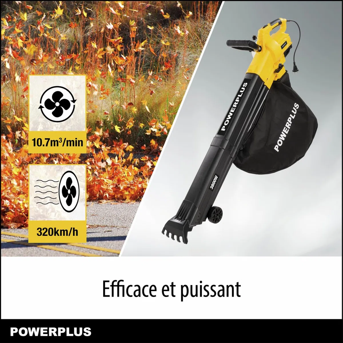 Powerplus Soplador de Hojas Eléctrico POWXG4039 - Soplador Aspirador de Hojas Electrico de 3300 W - Herramientas de Jardin