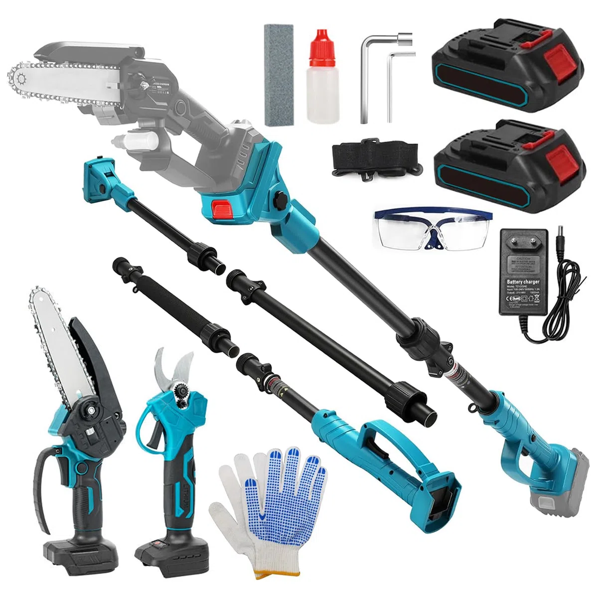 Kit 4-en-1 Tijeras de Podar y Motosierra Inalámbrica, Mini Motosierra Inalámbrica de 6" con 2 Baterías 4.0Ah y Cargador, Podadora de Altura Inalámbrica con Mango Telescópico & Sierra Eléctrica