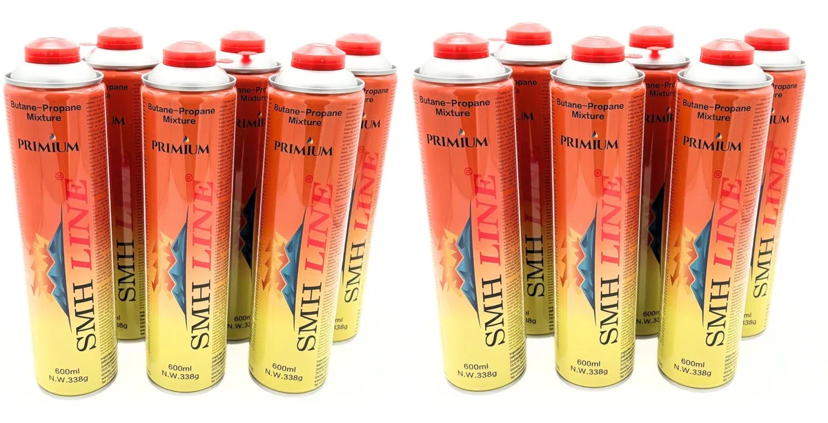 SMH LINE® 12 cartuchos de gas universales de 600 ml para hornillo de gas de camping, quemador de malas hierbas, propano butano de 7/16 pulgadas, rosca europea EN417, cartucho de rosca, válvula de