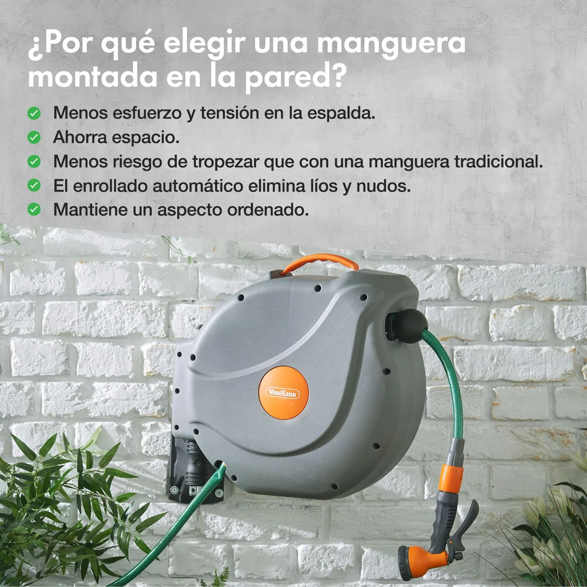 VonHaus Enrollador de Manguera de 20 m: Enrollador de Manguera de pared para Jardín, Retráctil, con Bloqueo Automático, incluye Accesorios de Montaje y pistola rociadora con 8 funciones