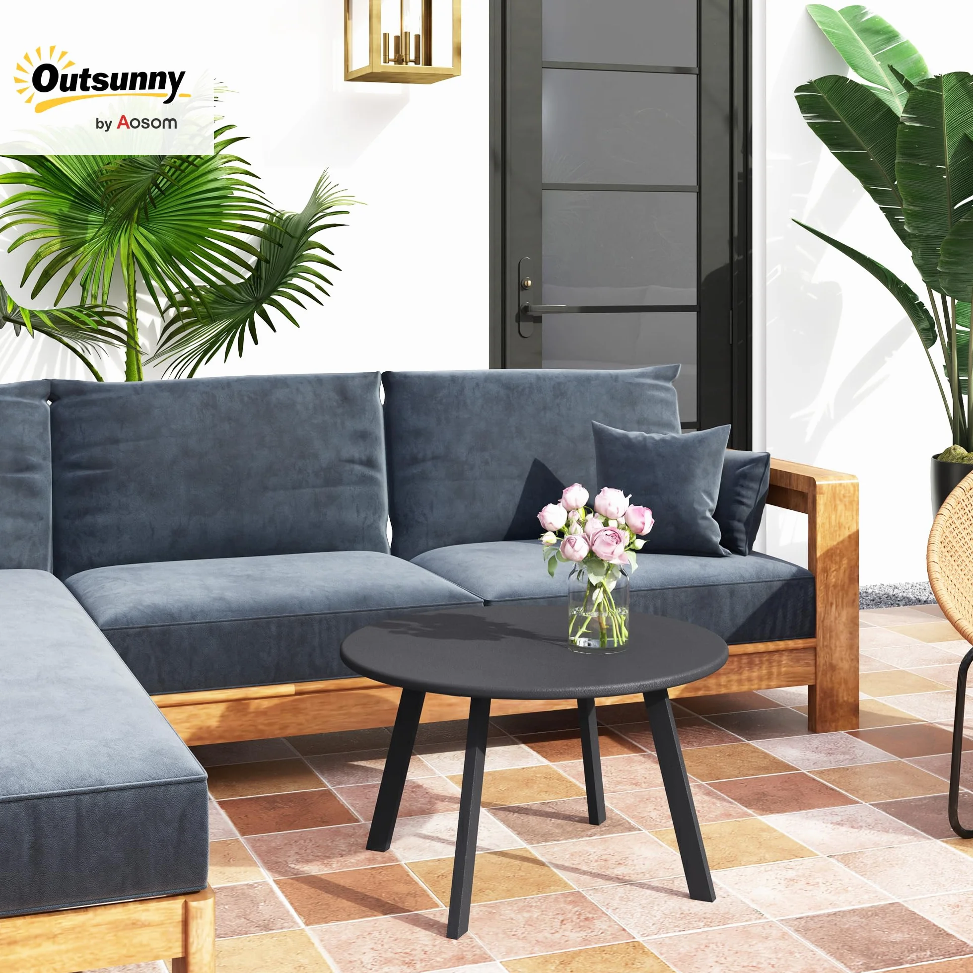 Outsunny Mesa de Centro de Jardín Redonda de Metal Mesa Auxiliar con Bordes Redondeados Patas Antideslizantes Mesa de Café para Patio Balcón Salón Ø70x42 cm Negro